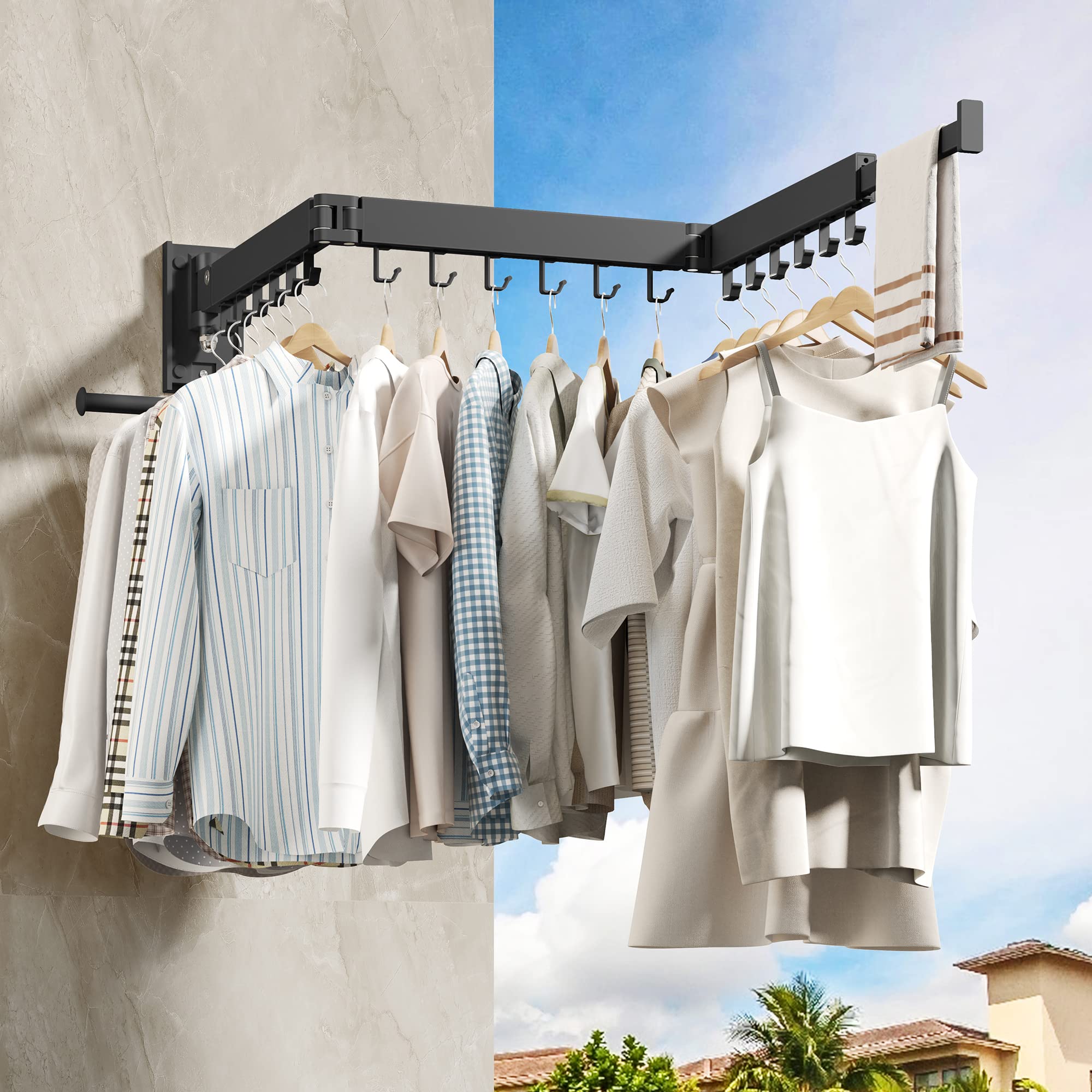 HEILAIYI Clothes Drying Rack for Laundry,Wall Mounted Clothes Hanger Rack,Folding,Retractable,Collapsible(J Shape Hooks)