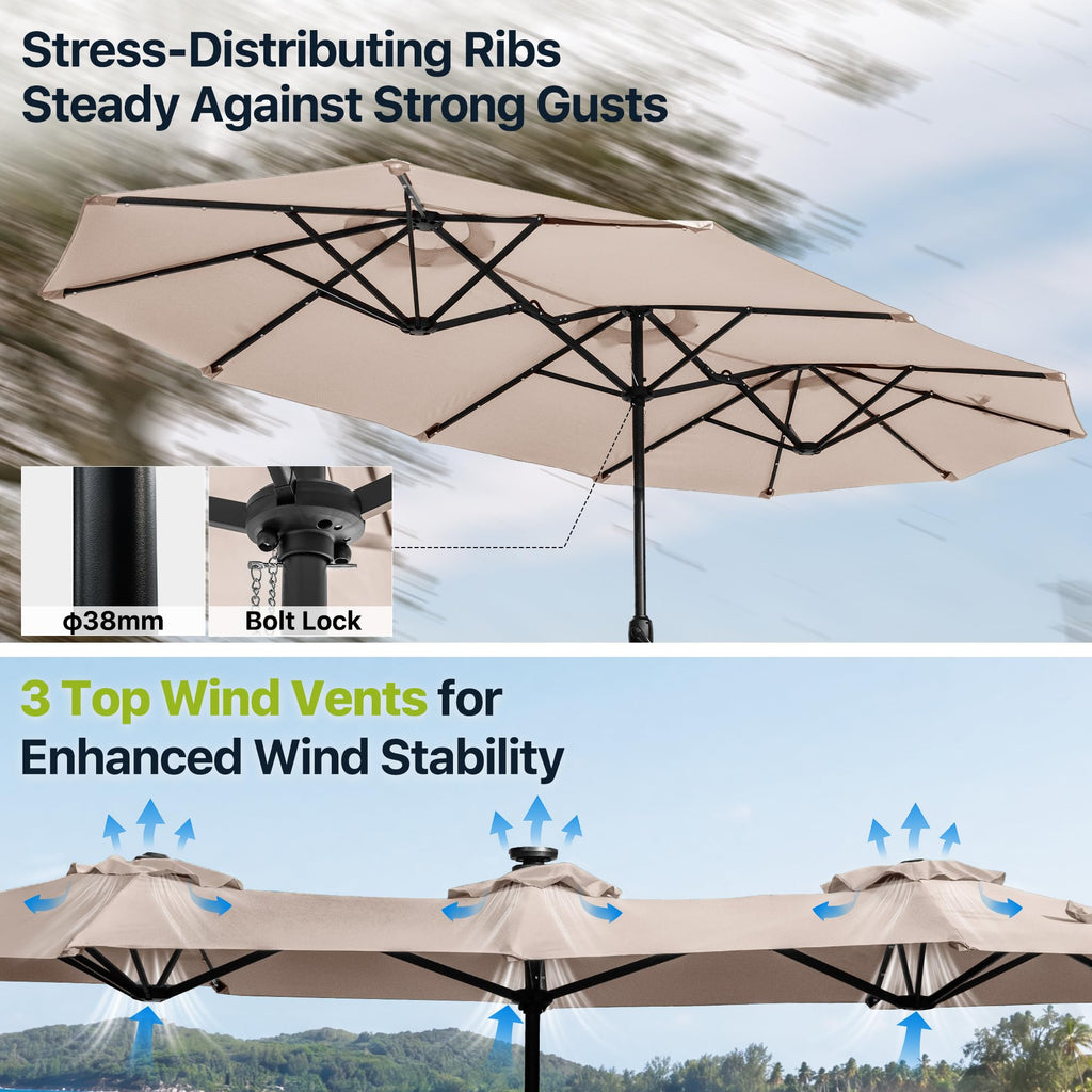 FREE SOLDIER 13ft Patio Umbrella Double Sided Outdoor Umbrella for Patio Table Umbrella with Solar lights for Garden Yard Pool (Beige)
