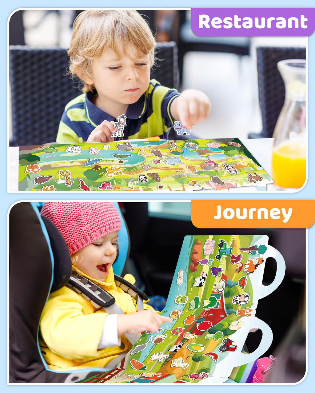 Benresive Reusable Sticker Book for Toddlers, Stickers for Kids, Travel Toys for Arts & Crafts Activities, Birthday Gift for Boys & Girls, Animals Dinosaurs Insects Themes