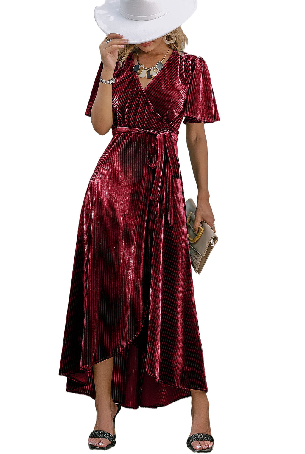 BerryGo Women's Velvet V Neck Wrap Semi Formal Dress Cocktail Party Maxi Dress for Wedding Guest