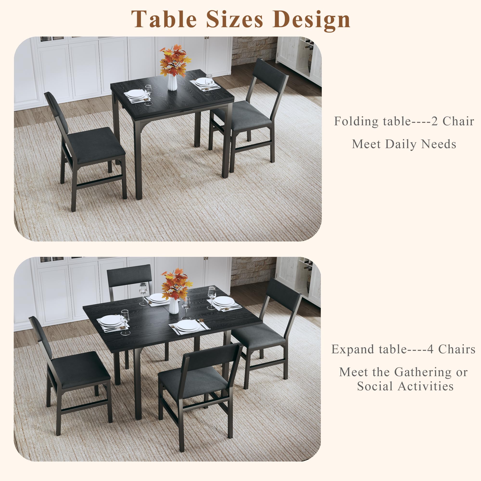 HUAHUU Dining Table Set for 4, Extendable Kitchen Table Cushion Chairs Set of 4, Rectangle Dining Table with Metal Frame & MDF Board, Folding for Small Apartment Saving Space, Black