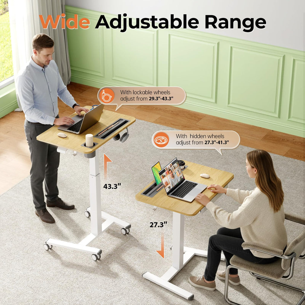 Small Mobile Standing Desk with Drawer, 23.6"x19.7" Rolling Laptop Cart on Wheels, Height Adjustable Sit Stand Computer Workstation with Storage for Compact Space, Black