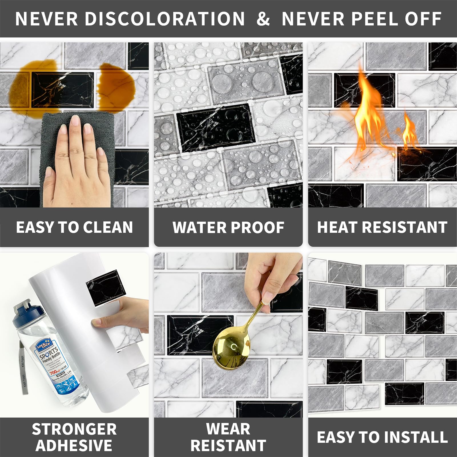 URCOLOR 10-Sheet Back Splashes for Kitchens Peel and Stick,12"x12" Self Adhesive Subway Wall Tiles Stick on backsplash Tiles for Bathroom Black Marble