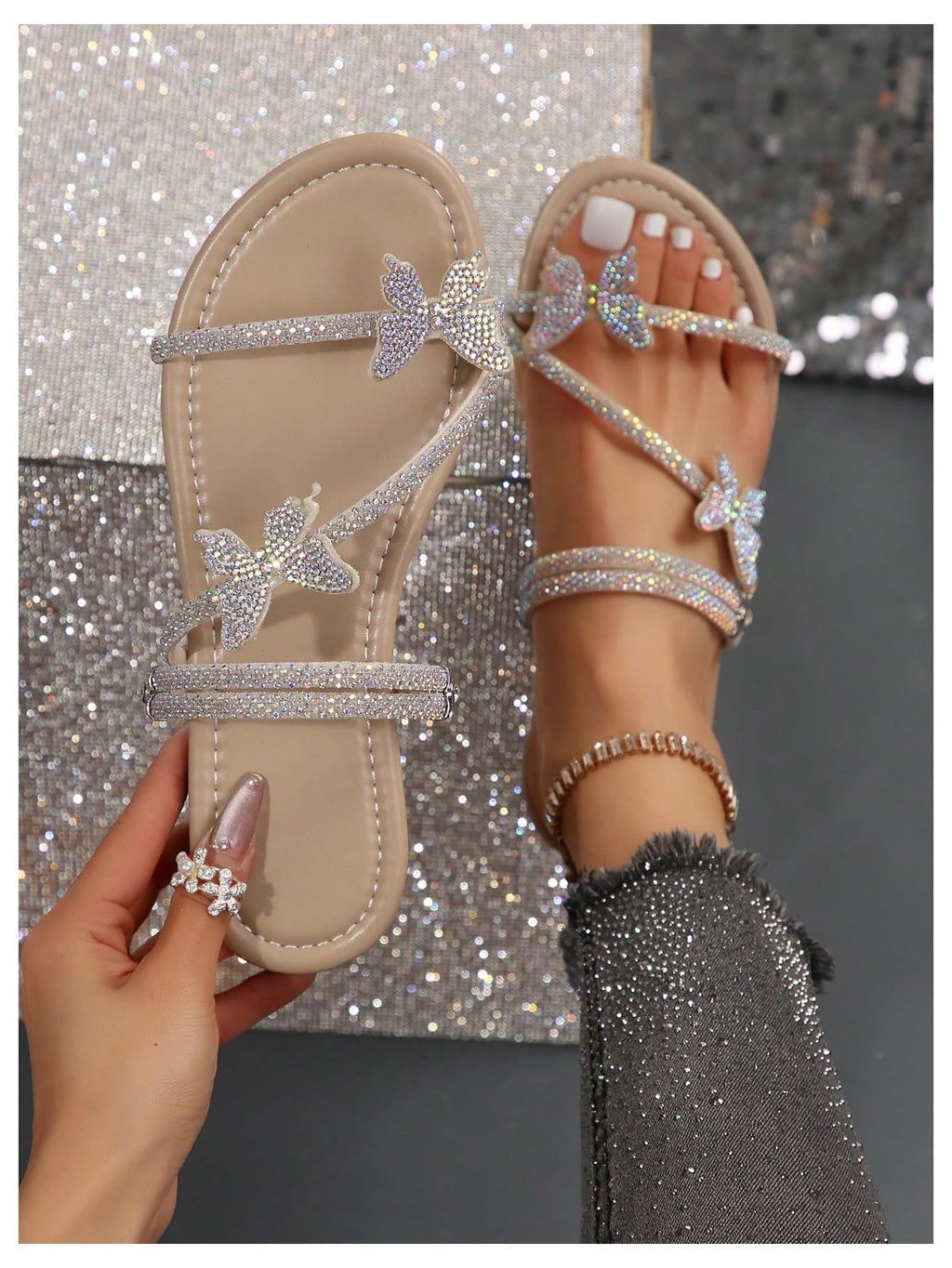 Floerns Women's Elegant Rhinestone Butterfly Transparent Elastic Strap Summer Flat Sandals