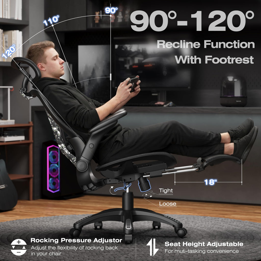 ELABEST X100 Ergonomic Office Chair with Footrest, Big and Tall Home Desk Chair with 5D Flip-Up Arms, Adjustable 3D Lumbar Support,High Back Rolling Computer Chair, Swivel Mesh Chairs (Coffee Break)