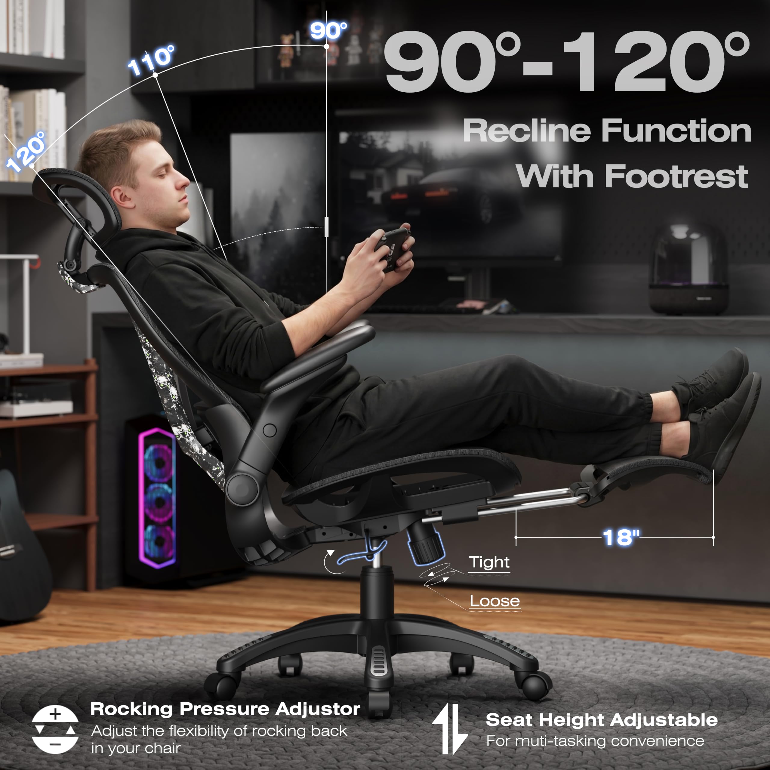 ELABEST X100 Ergonomic Office Chair with Footrest, Big and Tall Home Desk Chair with 5D Flip-Up Arms, Adjustable 3D Lumbar Support,High Back Rolling Computer Chair, Swivel Mesh Chairs (Coffee Break)