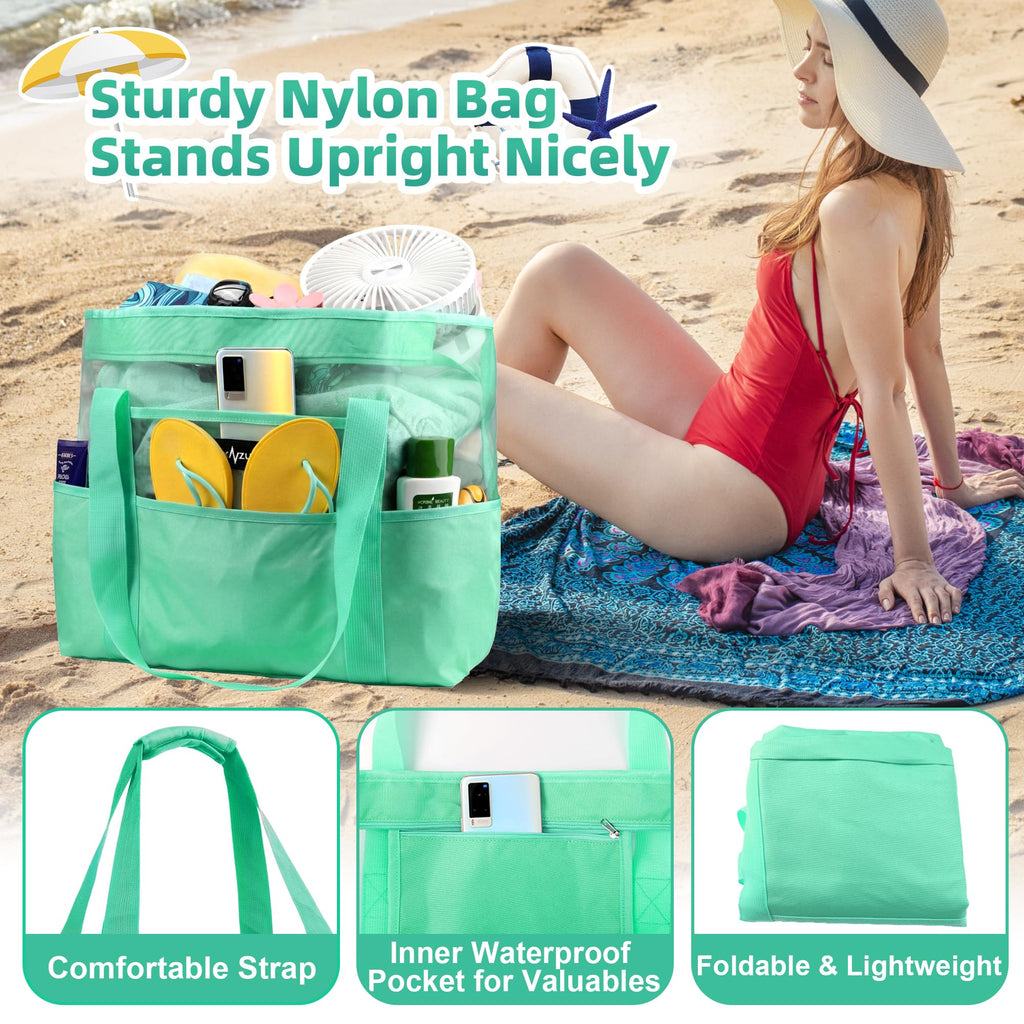 Mesh Beach Bag - Large Waterproof Beach Tote Bag with Zipper, Oversized Foldable Lightweight Family Swim Bag Vacation