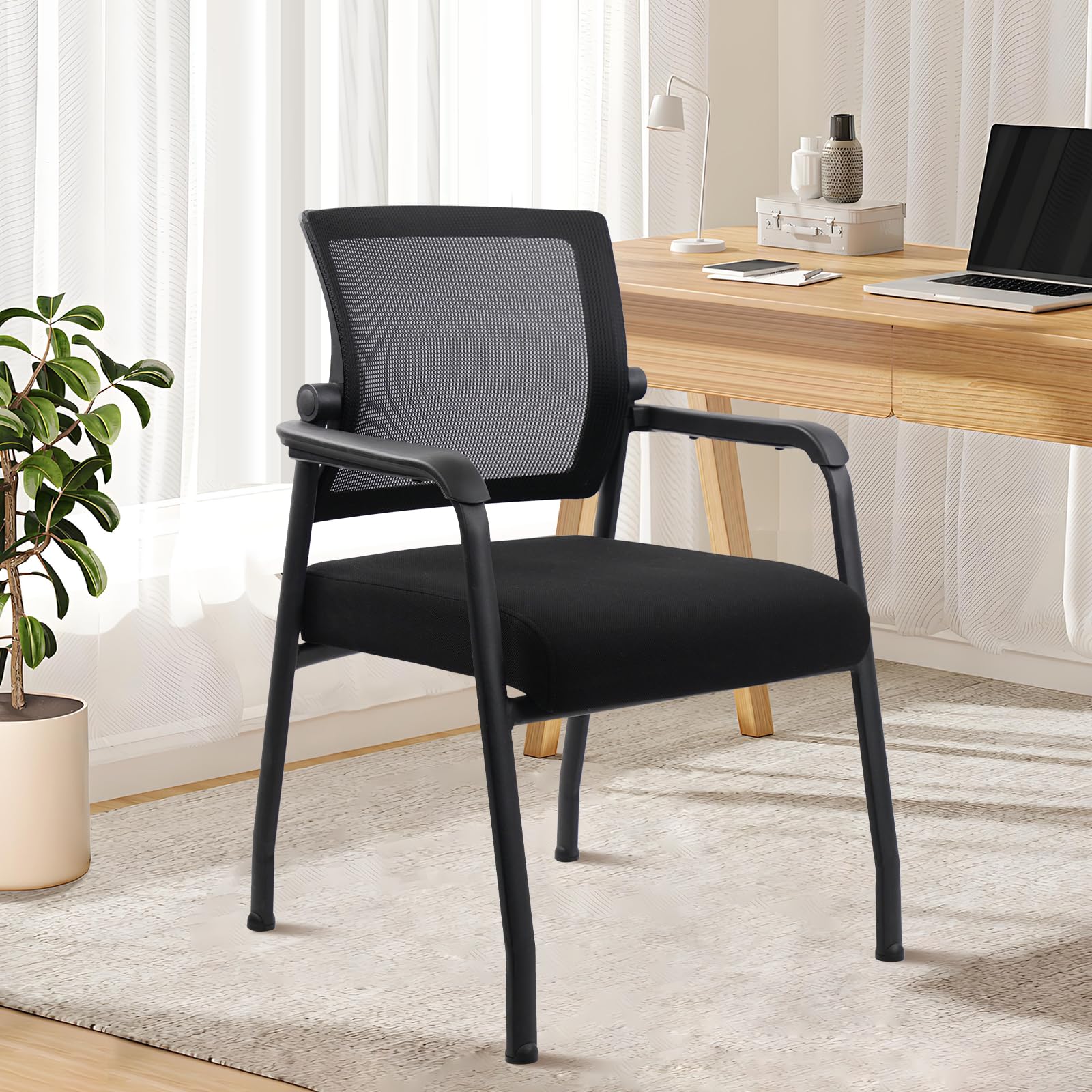 KLASIKA Desk Chair No Wheels with Adjustable Mesh Backrest, Arm Chair with Ergonomic Lumbar Support and Thickened Seats Cushion, Waiting Room Chairs for Office School Church Guest Reception