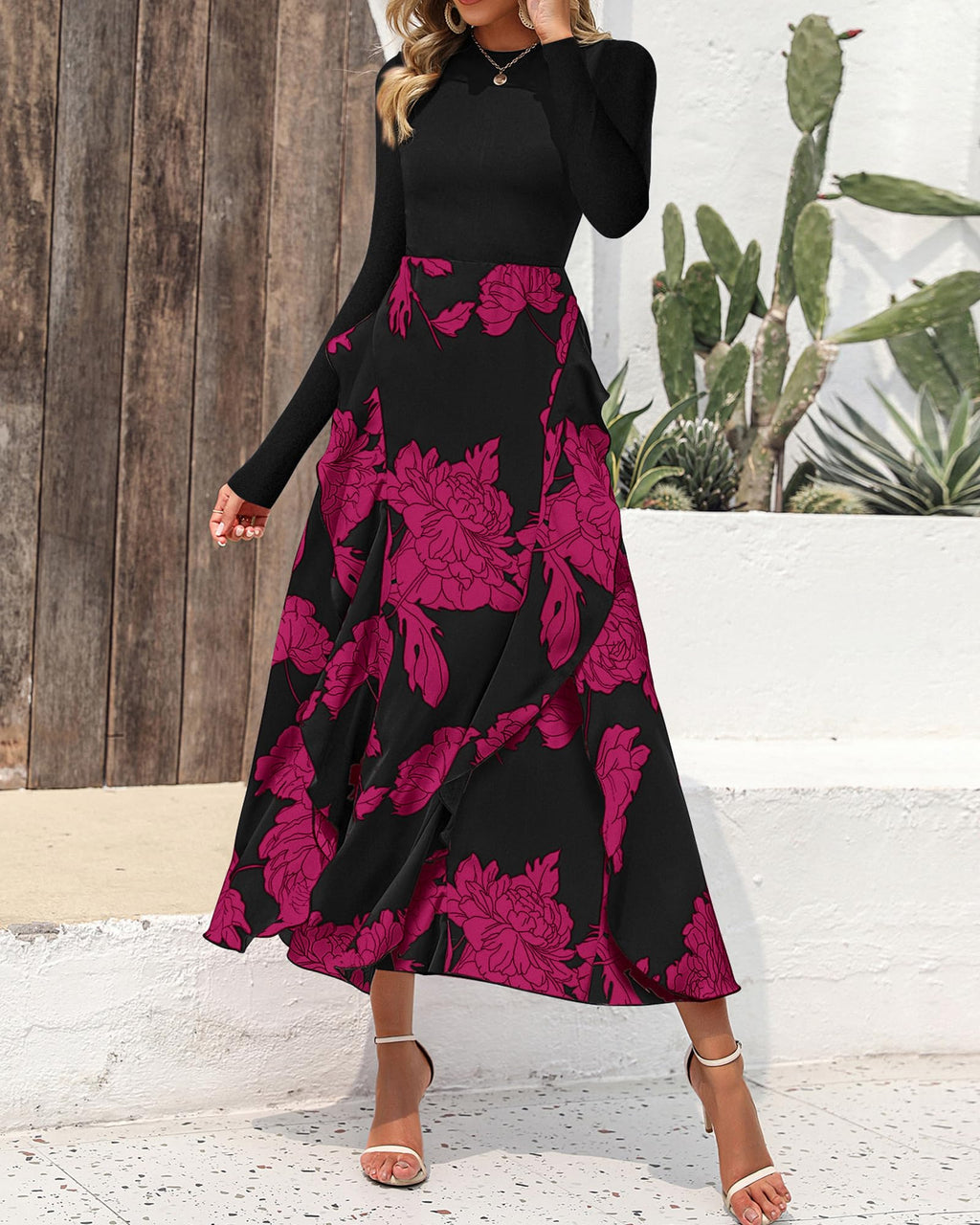 BTFBM Womens Floral Maxi Dress Fall 2025 Casual Crewneck Long Sleeve Ruffle Flowy Cocktail Wedding Guest Dresses