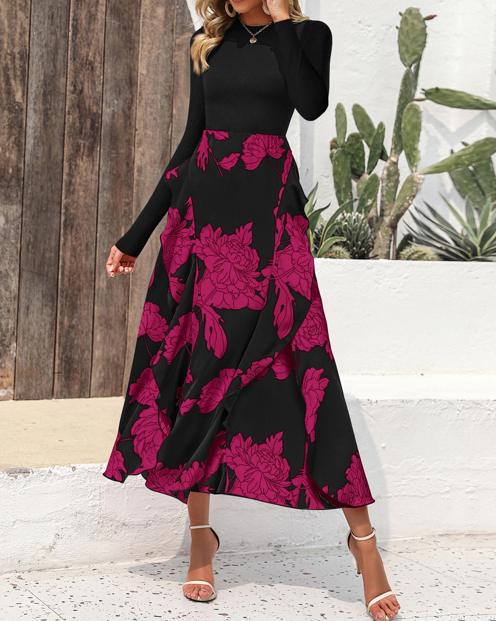 BTFBM Womens Floral Maxi Dress Fall 2025 Casual Crewneck Long Sleeve Ruffle Flowy Cocktail Wedding Guest Dresses