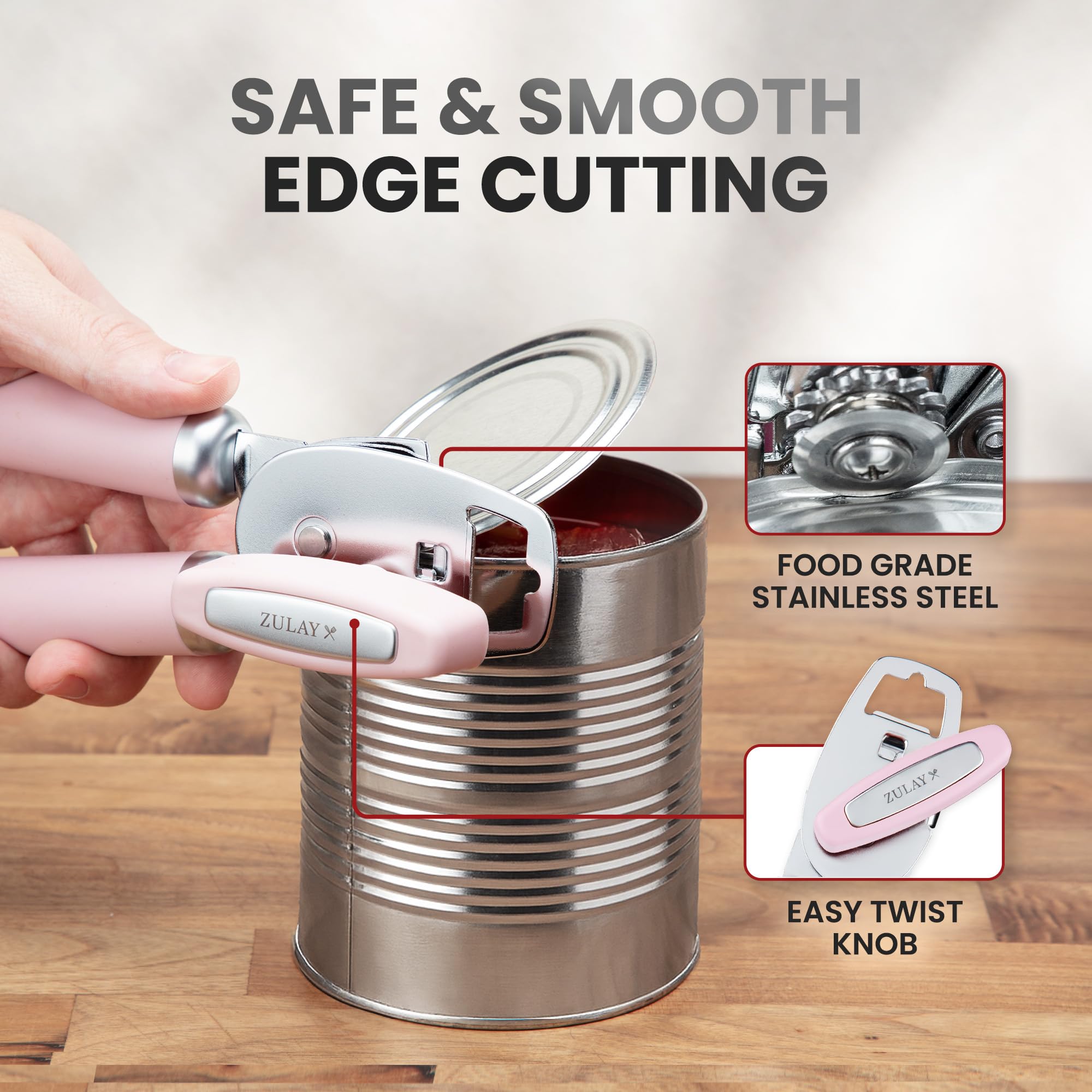 Zulay Kitchen Heavy Duty Stainless Steel Can Opener Manual with Bottle Opener - Rust Proof Manual Can Opener With Turn Knob & Comfy Soft Grip Handles - Airy Lilac