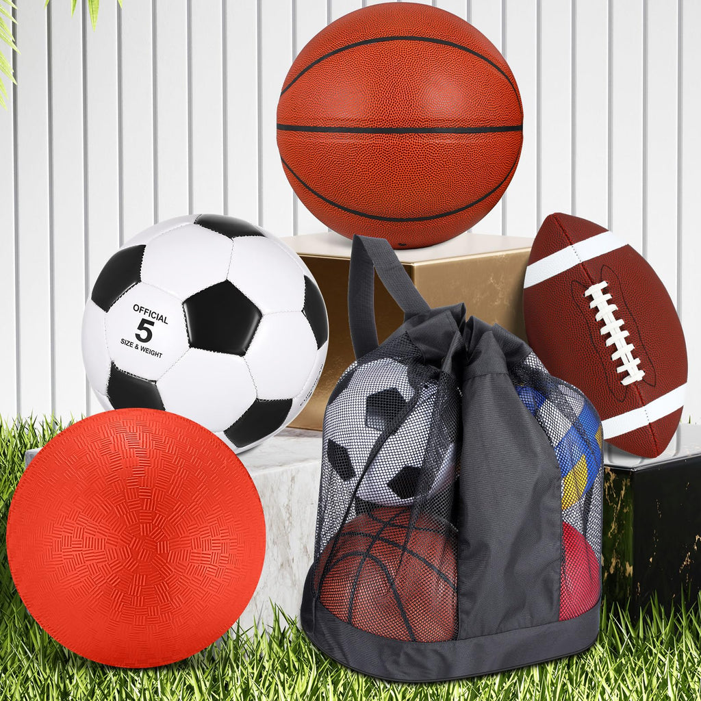 Lenwen 4 Pcs Sports Balls Set for Teen Adult, Include Official Size Basketball Soccer Football Playground Ball Pump Equipment Bag Ball Gifts Back to School