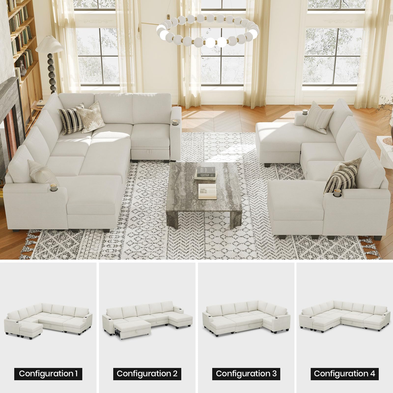 Belffin Modular Sectional Sleeper Sofa Bed with Storage Chaise L Shaped Sectional Couches for Living Room Armrest with Cup Holder. White Couch