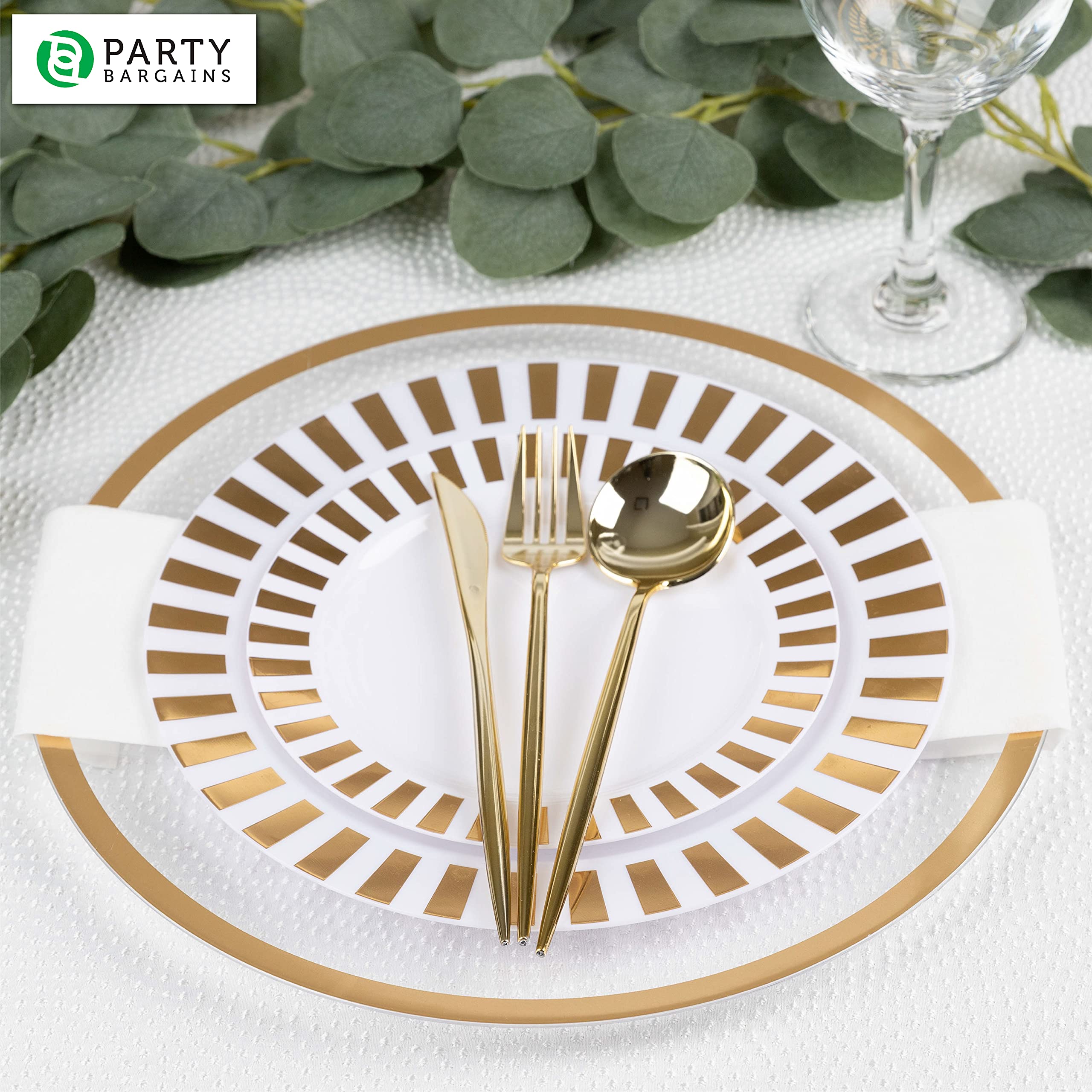 PARTY BARGAINS 13-Inch Charger Plates - 96 Pack, Clear Gold Rim, Heavy-Duty Disposable Chargers for Elegant Dining - Ideal for Weddings and Formal Events