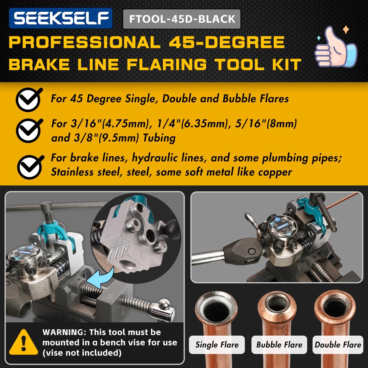 Professional Brake Line Flaring Tool Kit for 45 Degree Single, Double and Bubble Flares, 3/16", 1/4", 5/16", 3/8" and 4.75mm Steel Copper Metal Tubing, Black