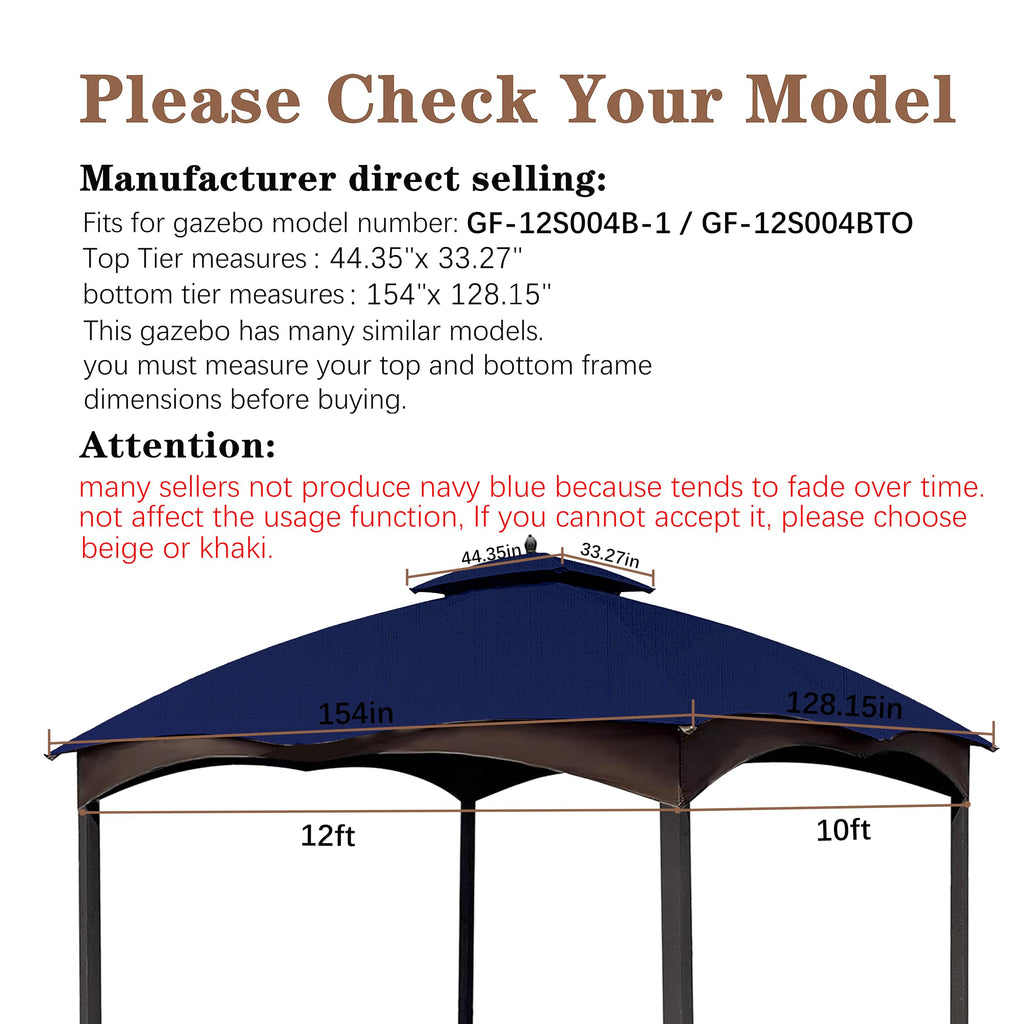 SCOCANOPY Replacement Top Compatible with The Lowe's Gazebo Model #GF-12S004B-1 / GF-12S004BTO (Grey Ripstop)