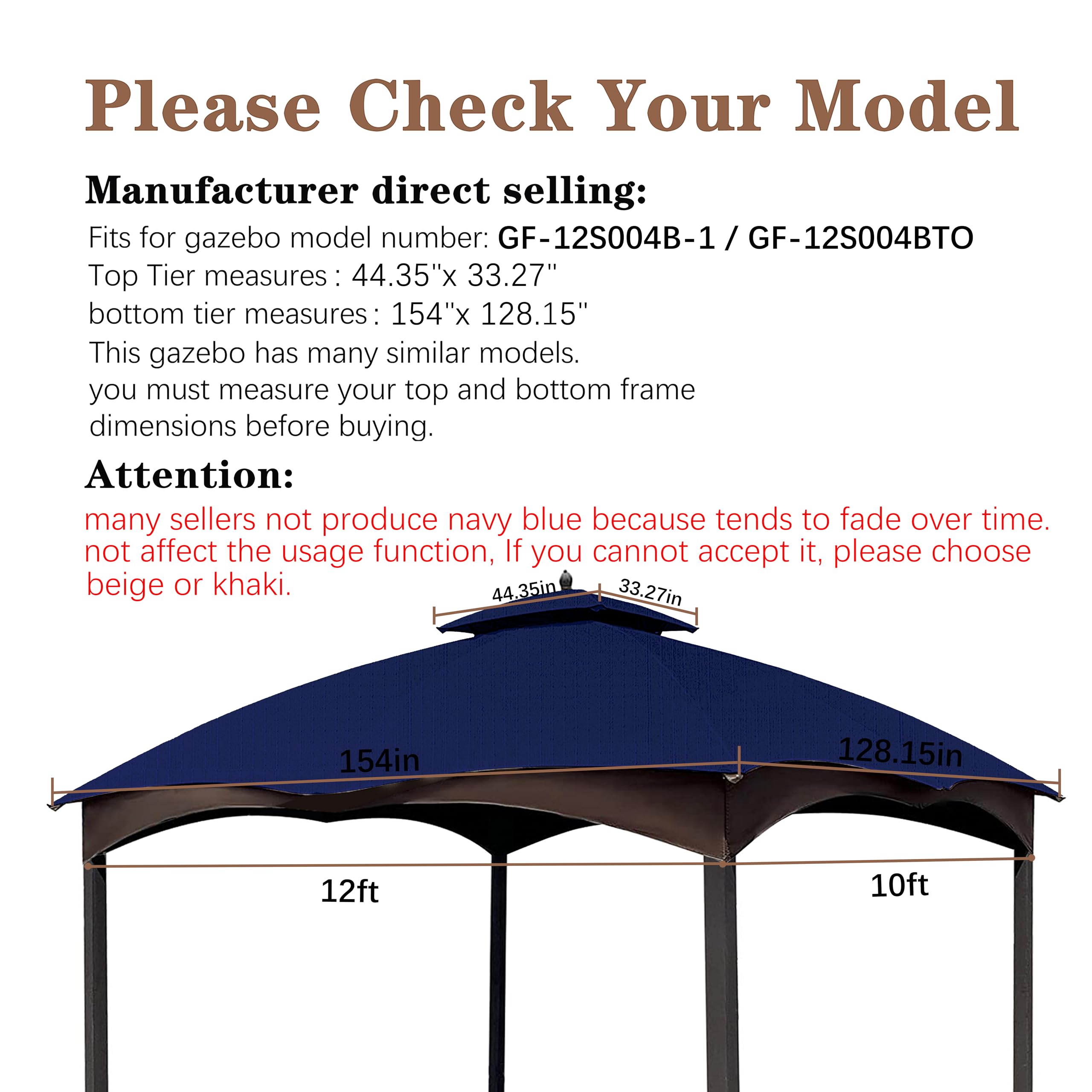 SCOCANOPY Replacement Top Compatible with The Lowe's Gazebo Model #GF-12S004B-1 / GF-12S004BTO (Grey Ripstop)