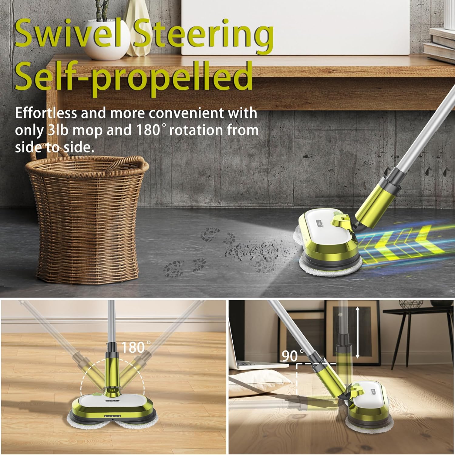 VMAI Cordless Electric Mop with Water Spray & Detachable Battery, Rechargeable Floor Spin Mop & Scrubber with LED Headlights, Washable Pads, Lightweight for Hardwood Tile Marble Floor Cleaning
