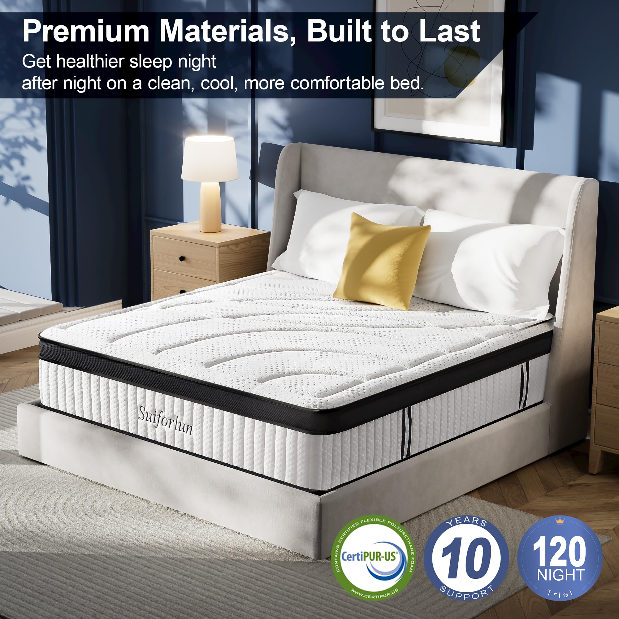 Suiforlun Full Size Mattress, 14 Inch Gel Memory Foam Hybrid Full Mattress in a Box with Pocket Springs, Euro Top Luxury 7 Premium Layers, Cooling Comfort & Pain Relief, Medium-Firm
