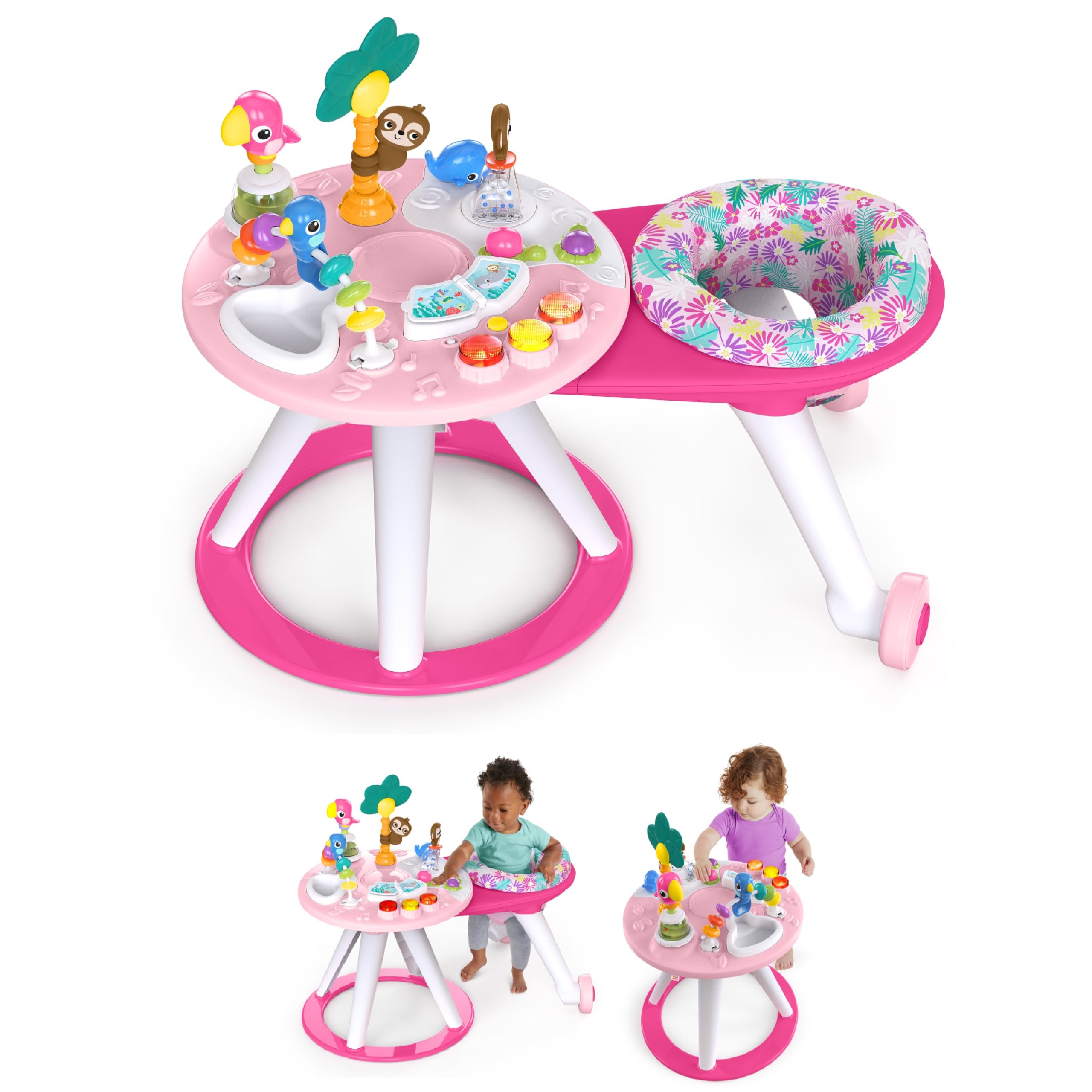 Bright Starts Around We Go 2-in-1 Baby Walker, Discovery Activity Center and Table, Tropic Cool, Ages 6 Months+