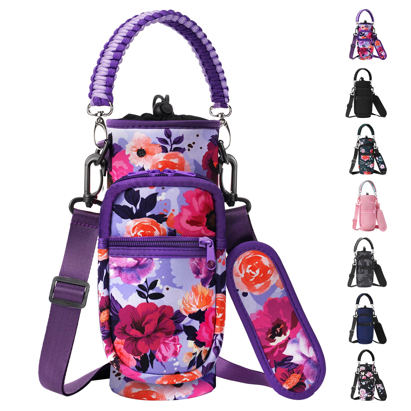 AceTreker 32/40/64/128 oz Neoprene Insulated Water Bottle Carrier Bag, Sling Bag Sleeve Pouch Holder with Strap & Paracord Handle and 2 Pocket for Travelling, Hiking, Camping