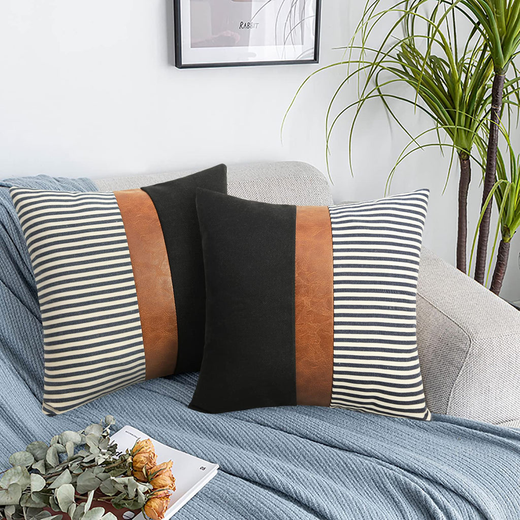 16x16 inch Pillow Covers Set of 2 Farmhouse Decor Stripe Patchwork Linen Throw Pillow Covers Modern Faux Leather Covers for Couch Sofa,Black
