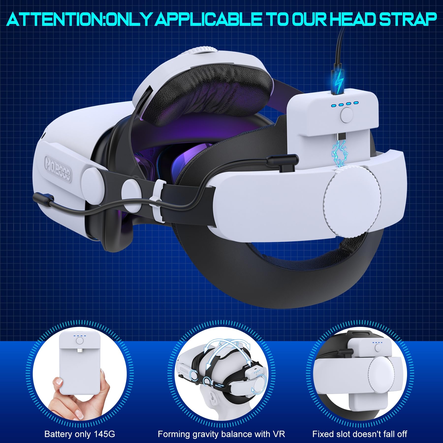 Hot-Swappable Battery Head Strap for Quest 2/Quest 3/3S, 15000mAH Detachable Battery, Extra 6-8 Hours Playtime, Double Knobs, Soft Cushion, Reduces Head Pressure, with One Charging Dock