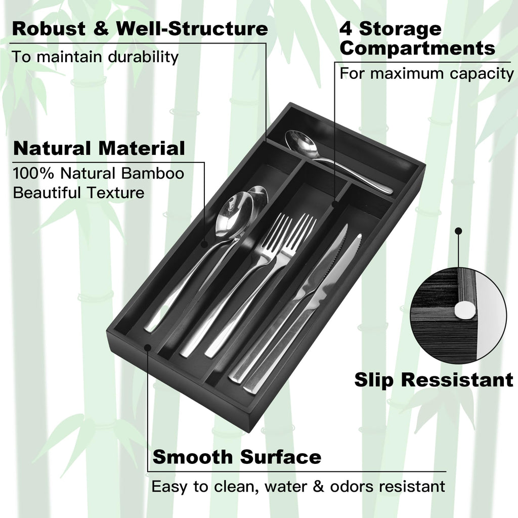 Acacia 4 Slot Silverware Drawer Organizer - Cutlery Holder with Flatware Tray
