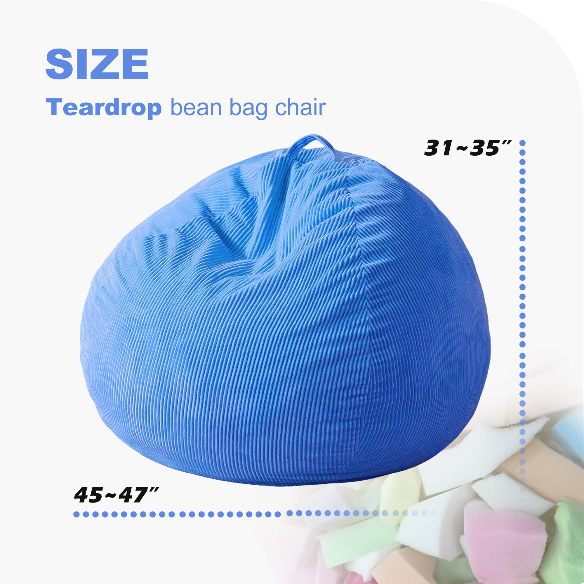 Homguava Bean Bag Chair,Teardrop Bean Bags Small Beanbag Chair with Memory Foam Filled and Ultra Soft Corduroy Cover for Living Room, Bedroom (Black 2FT)