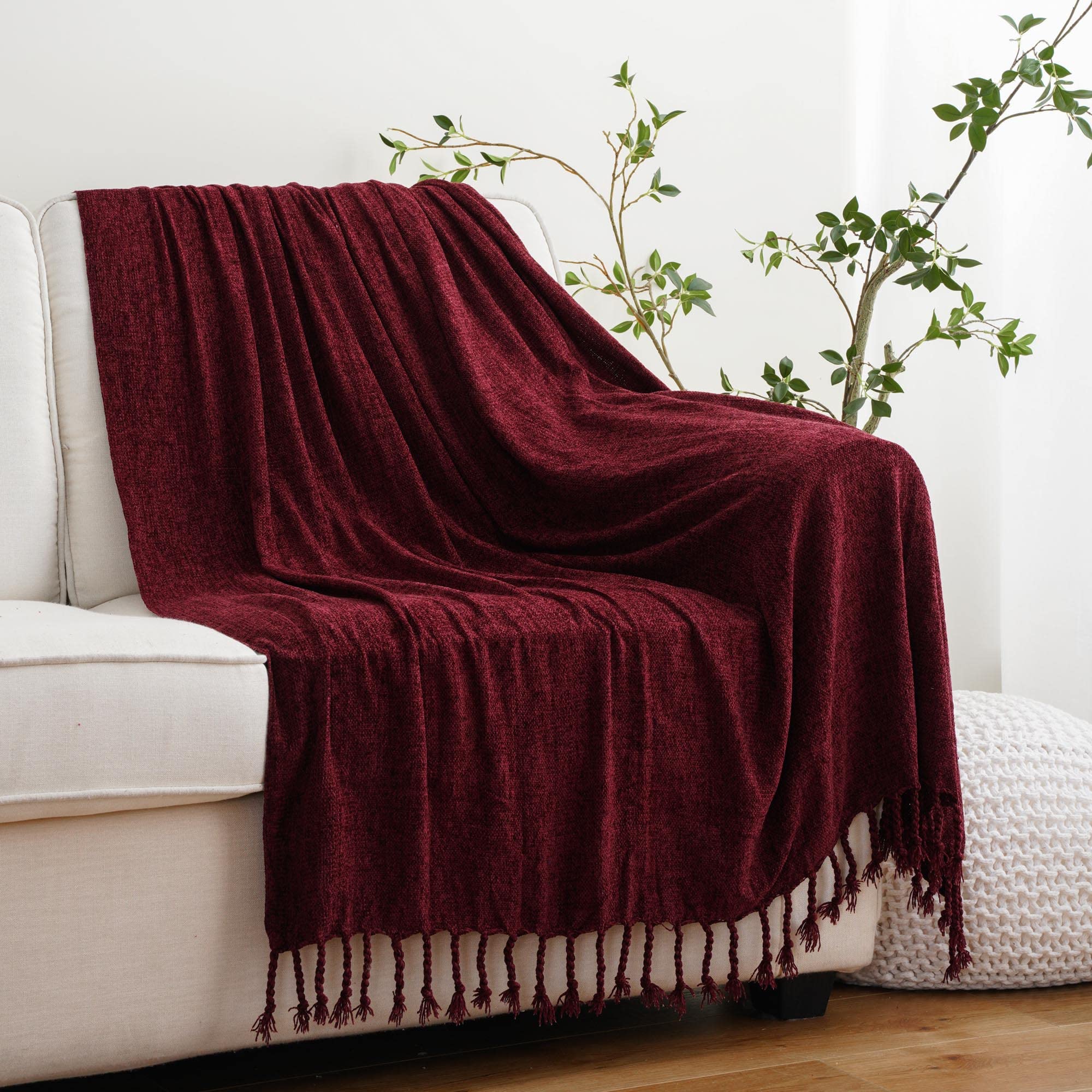BATTILO HOME Beige Chenille Throw Blanket for Couch, Soft Cozy Textured Knit Throw Blanket with Handmade Fringe Tassels, Lightweight Decorative Farmhouse Blanket for Sofa Bed Chair, 50"x60"