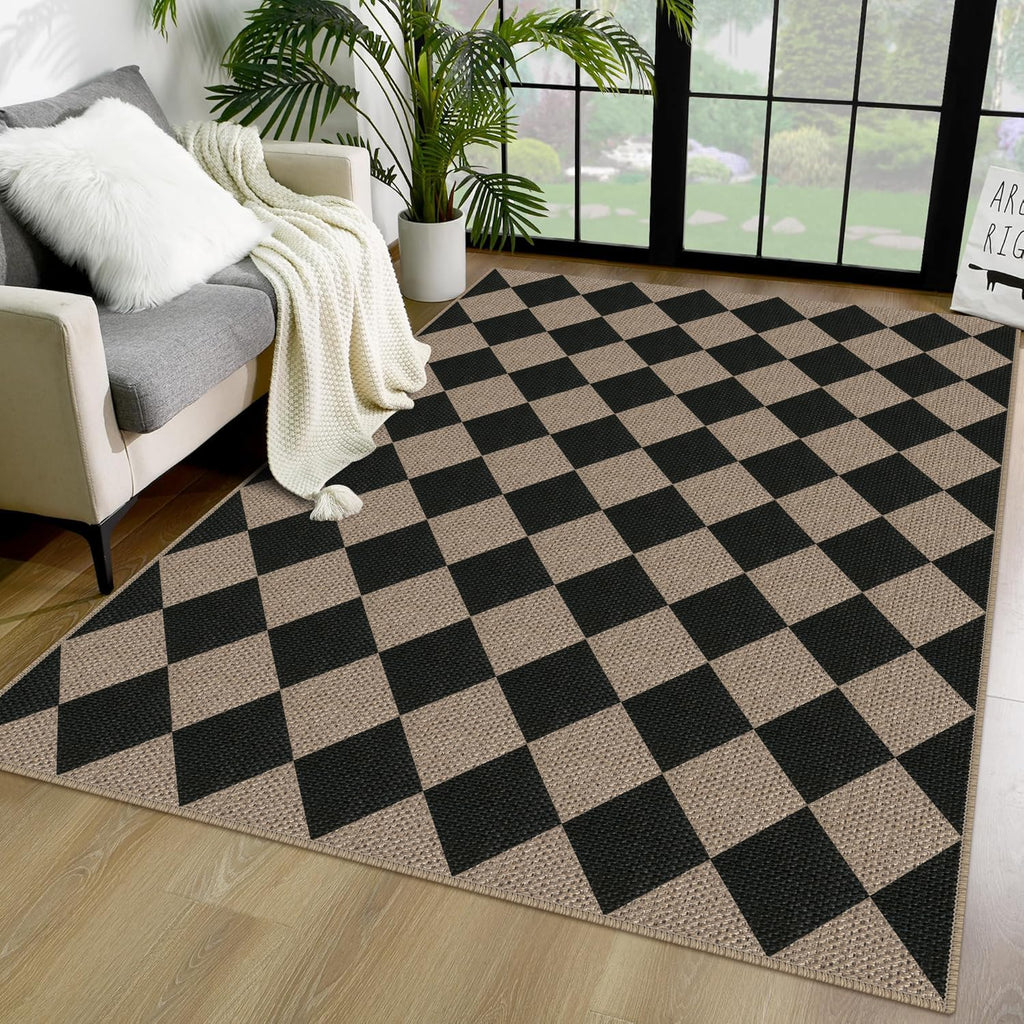 Rugalia Easy Jute Checkered Entryway Rug, 2x3 Black Modern Indoor Outdoor Doormat, Washable Non-Slip Neutral Small Kitchen Rug Farmhouse Diamond Throw Rugs for Entrance Bedroom Bathroom