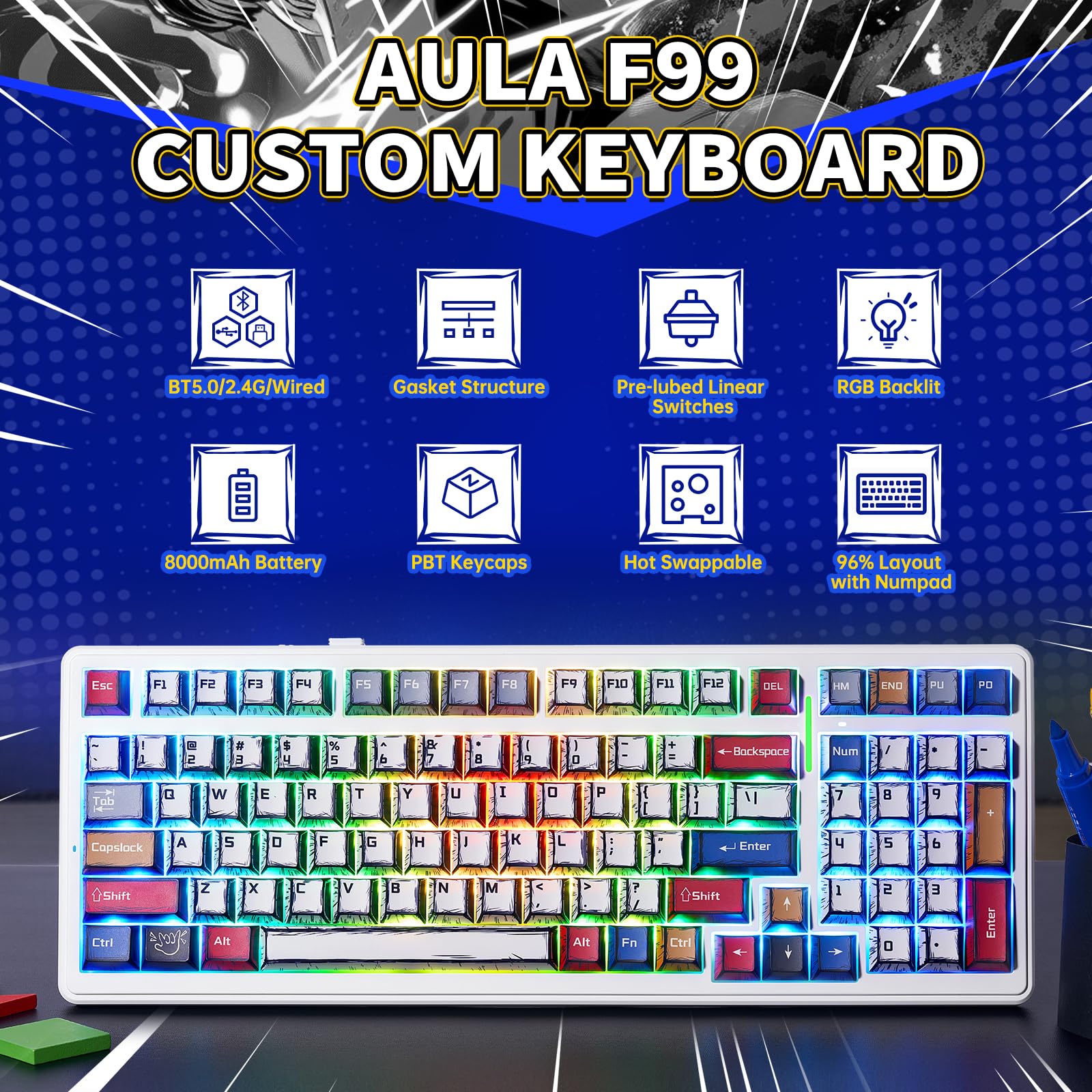 Aula F99 Mechanical Gaming Keyboard, Wireless Creamy Keyboard Hot Swappable Custom Keyboards Rechargeable, Tri-Mode BT5.0/2.4GHz/USB-C, Pre-lubed Linear Switches, RGB Backlit, Gasket Structure