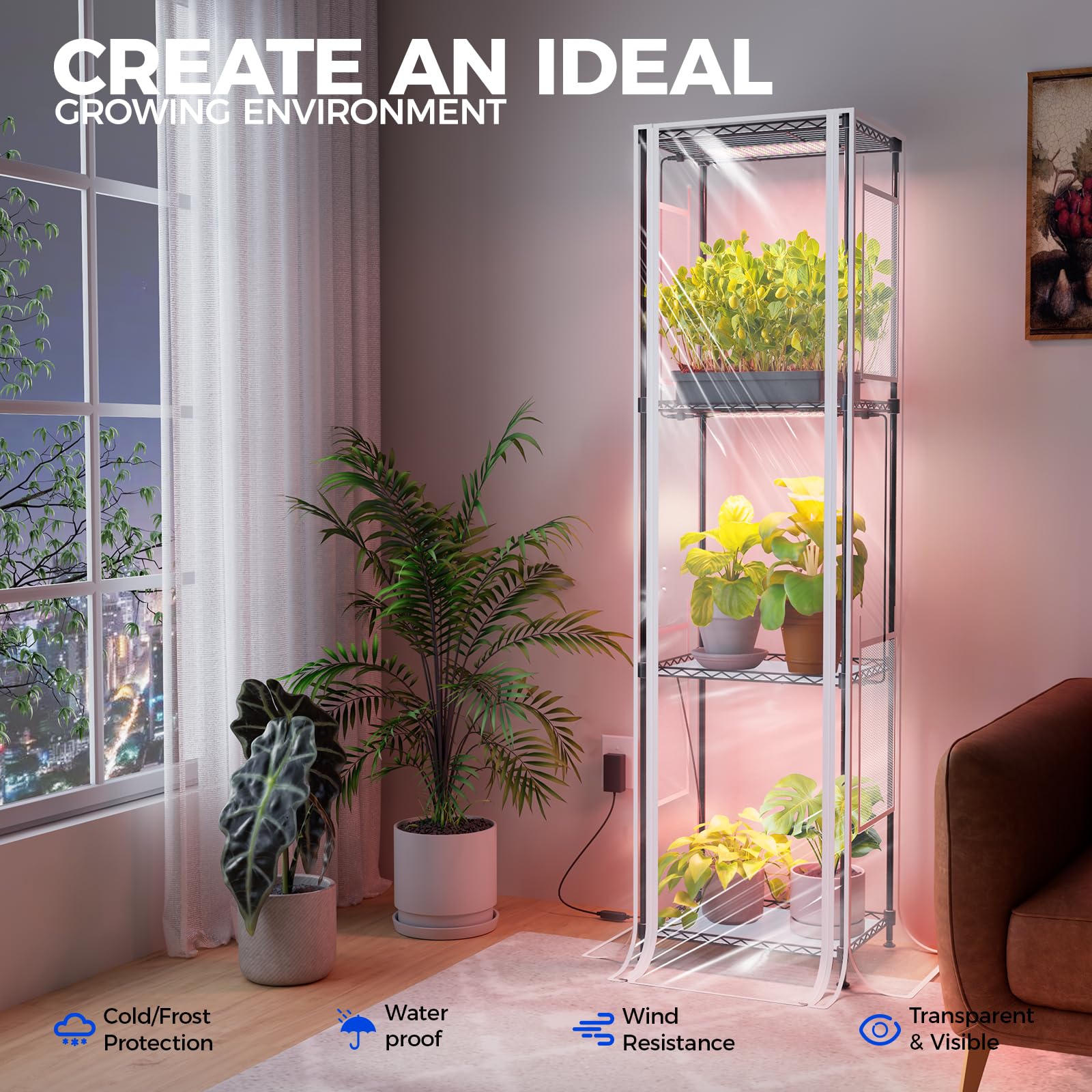 CX2 Plant Stand with Grow Lights for Indoor Plants, 6-Tier Metal Plant Shelf Display Rack with 2FT 150W Full Spectrum Plant Light, 3 Adjustable Spectrum, Timer, for Growing, 29.5x13.8x71IN