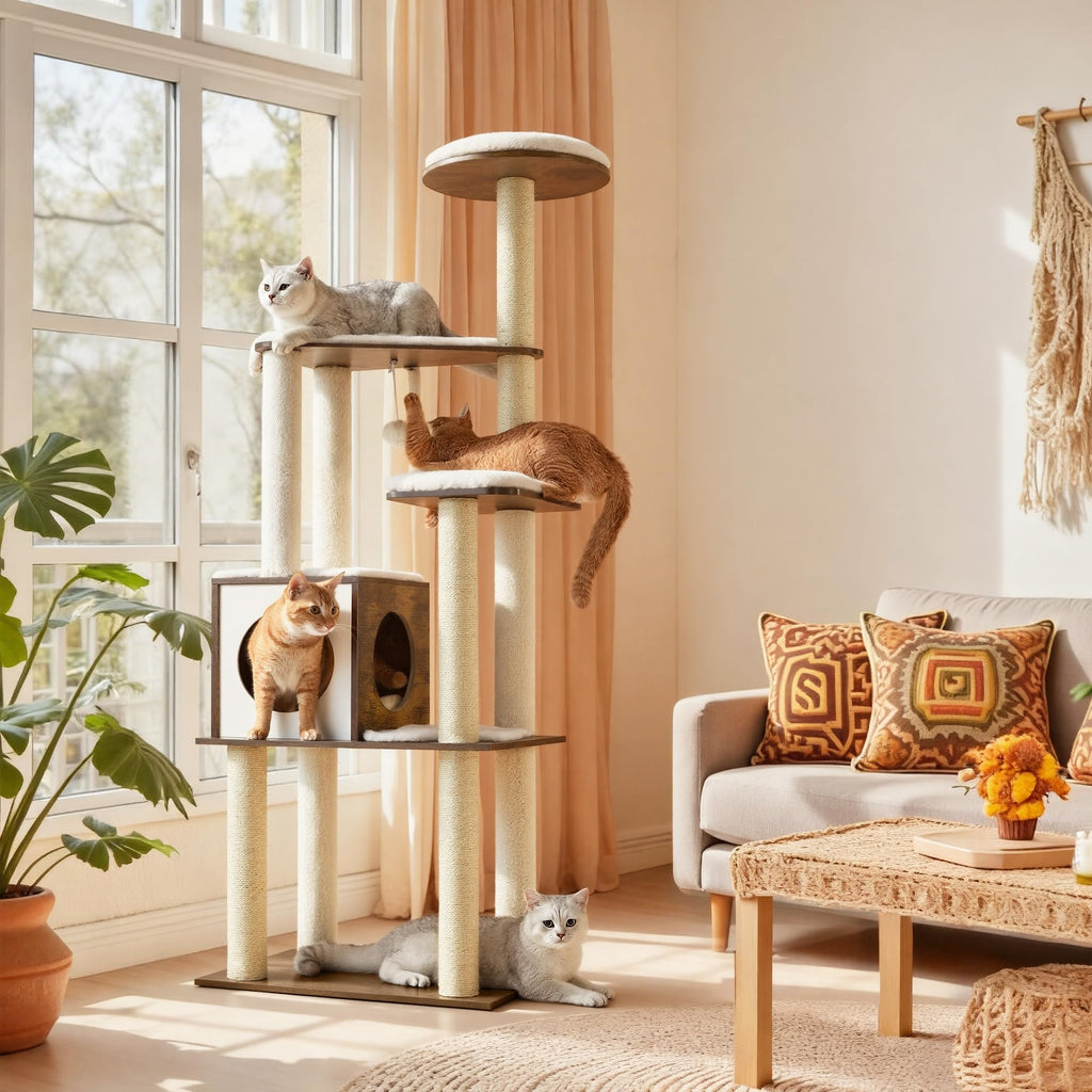 Feandrea Cat Tree, 65-Inch Modern Cat Tower for Indoor Cats, Multi-Level Cat Condo with 5 Scratching Posts, Perch, Washable Removable Cushions, Cat Furniture, Cloud White UPCT166W01