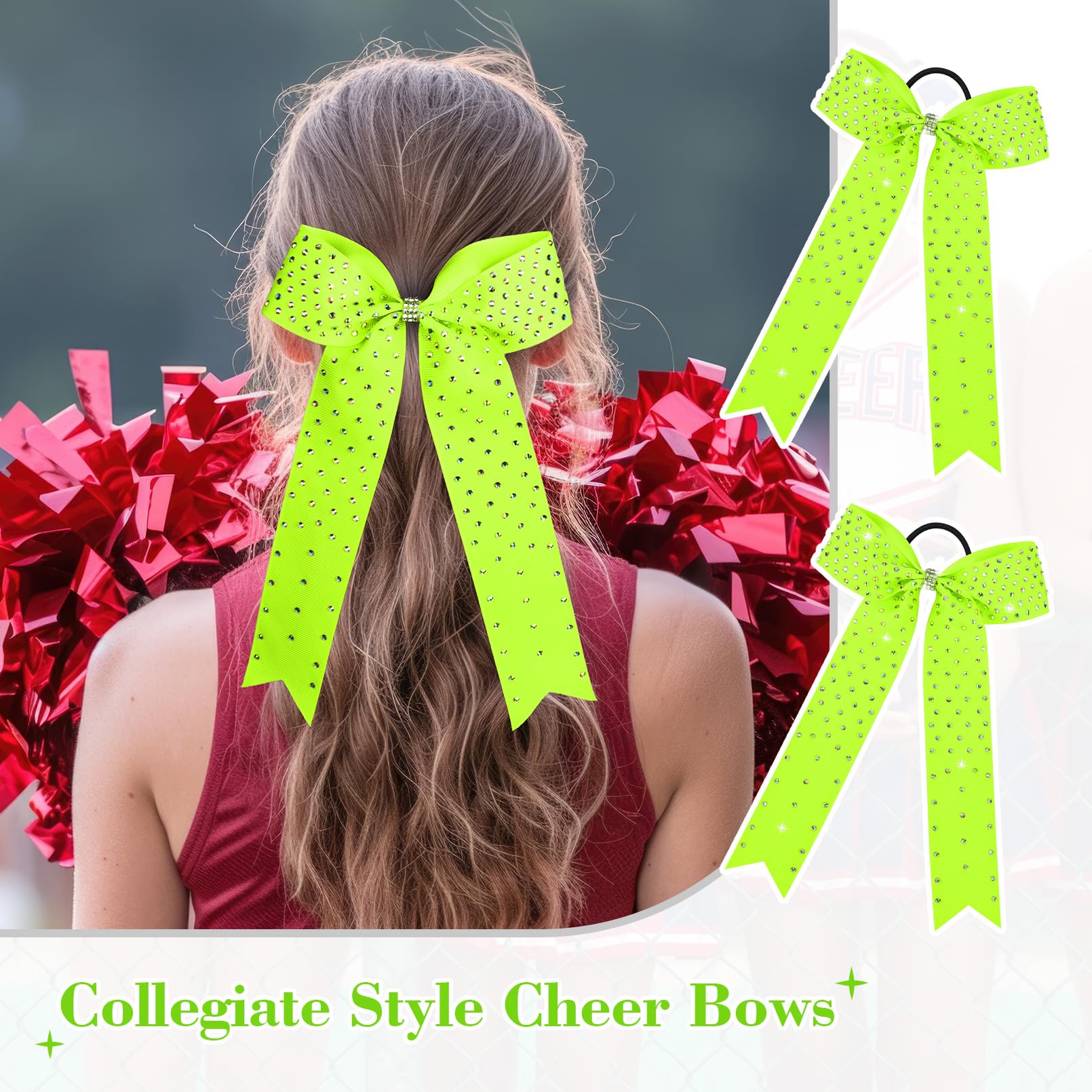 DEEKA 12 Count Collegiate Style Cheer Bows, Forest Green with Rhinestones, Handmade Bows for Girls Teens Cheerleader Sports