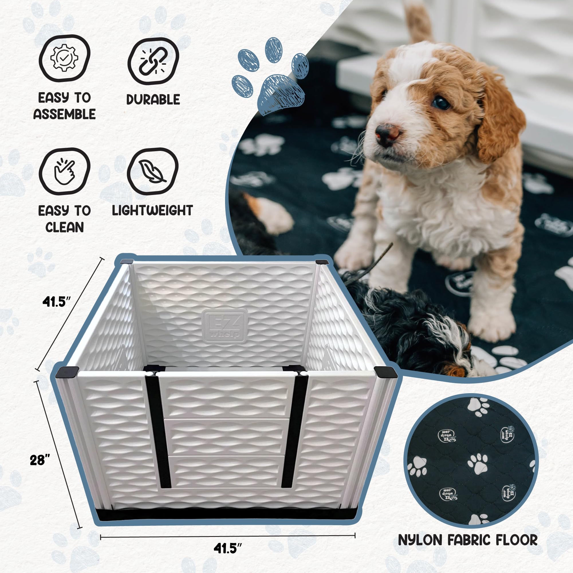 EZwhelp EZclassic Windowed 48"x48"x18" Whelping Box with Rails and Windowed Walls, Padded Dog Whelping Box, Black Pad