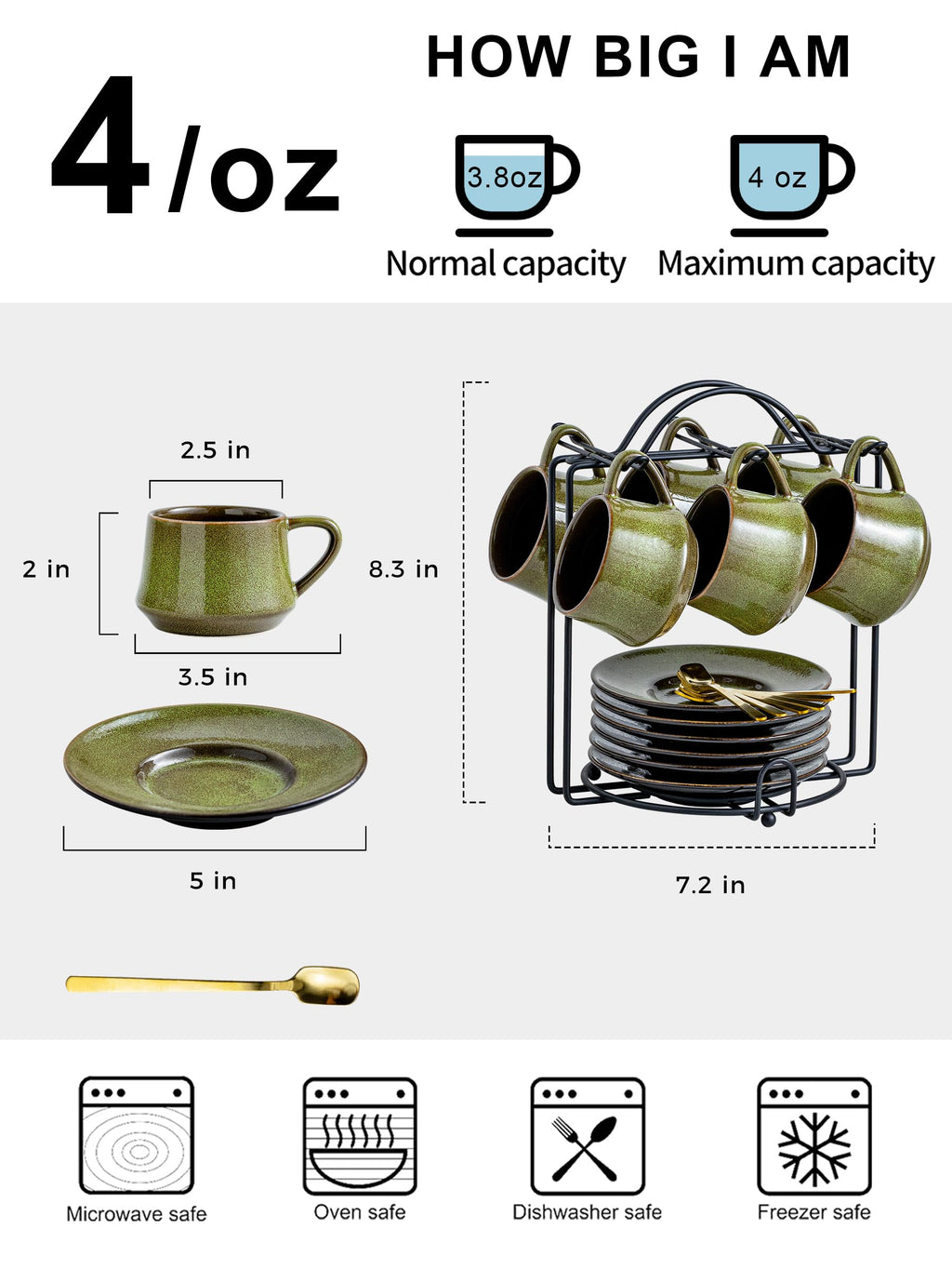 YHOSSEUN Ceramic Espresso Cups Set of 6, 4 OZ Expresso Shots Cup with Stand, Saucers & Spoons, Small Coffee Cup Demitasse Cups for Father's Day, Espresso Accessories for Machine, Black