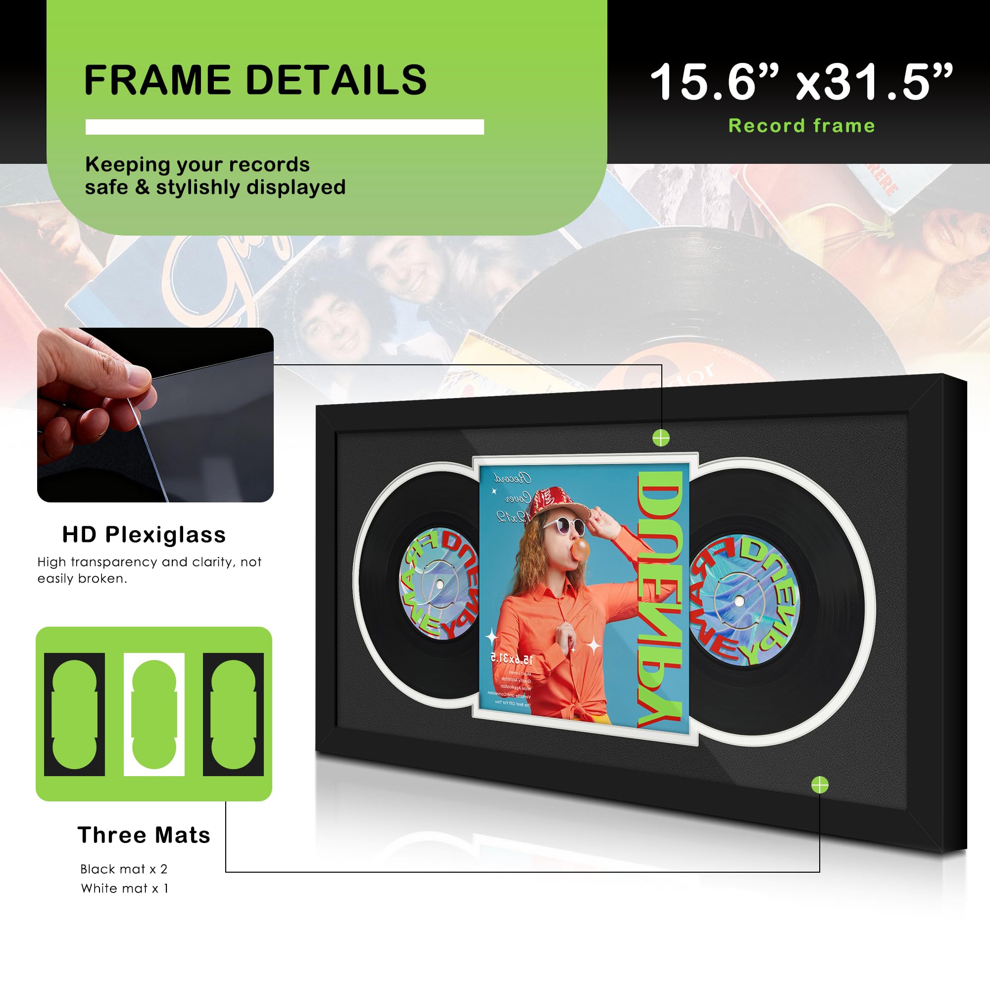 DUENPY Vinyl Record Display Frame 16x22 Inches Display Record Album and 12.5x12.5 Album Cover Art（Black Bottom Mat） Wall Mount