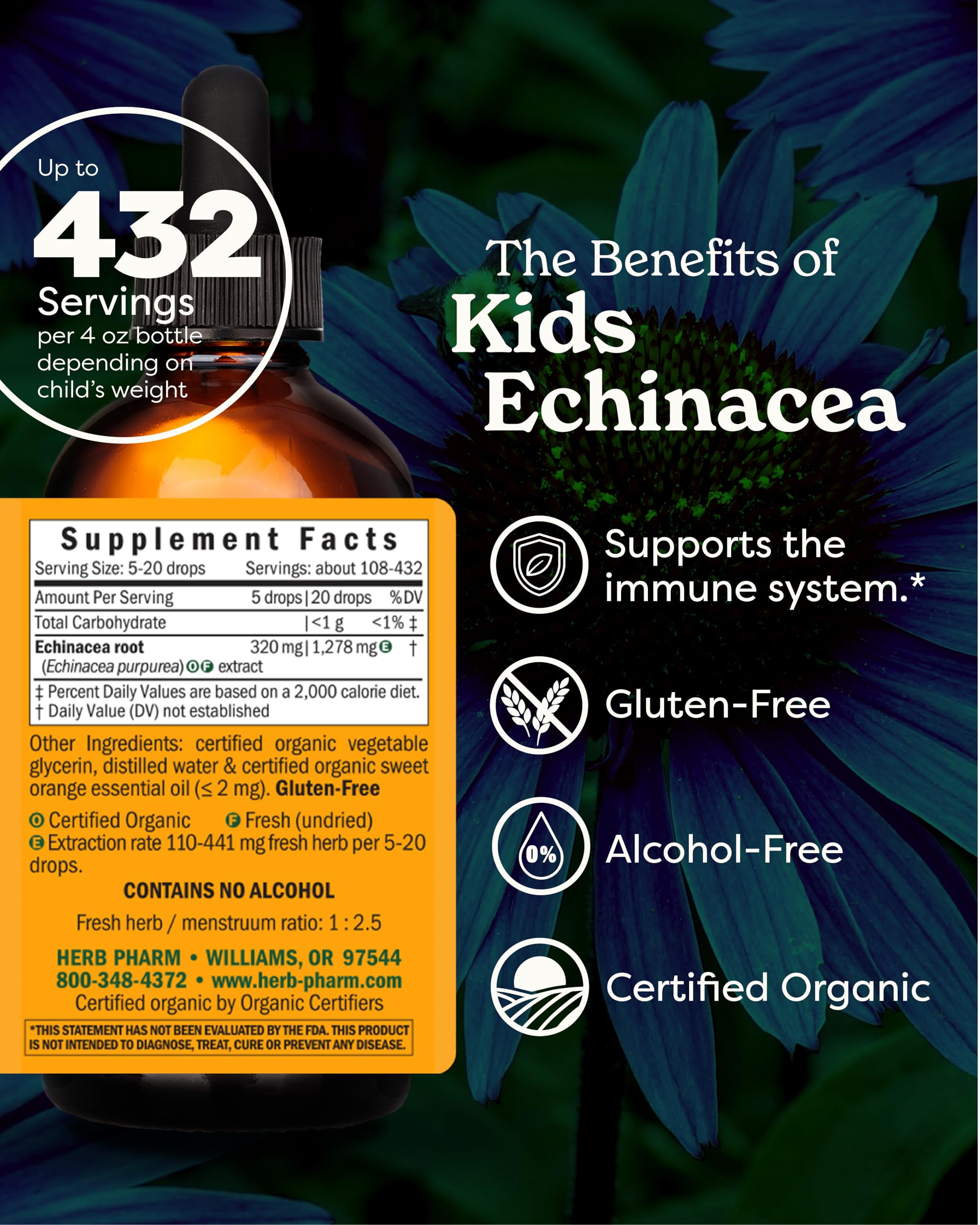 Herb Pharm Kids Echinacea Extract Alcohol-Free Certified Organic Liquid Herbal Supplement for Kids, Immune Support Drops for Toddlers & Children, Non-GMO, Vegan, Echinacea Purpurea Root, 1 fl oz
