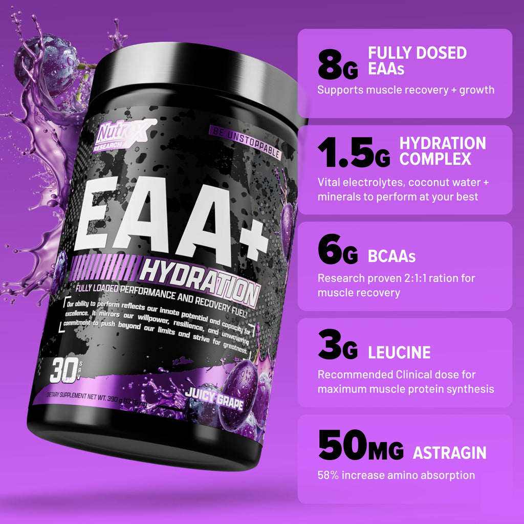 Nutrex Research EAA Hydration | EAAs + BCAAs Powder | Muscle Recovery, Strength, Muscle Building, Endurance | 8G Essential Amino Acids + Electrolytes | Apple Pear 30 Servings