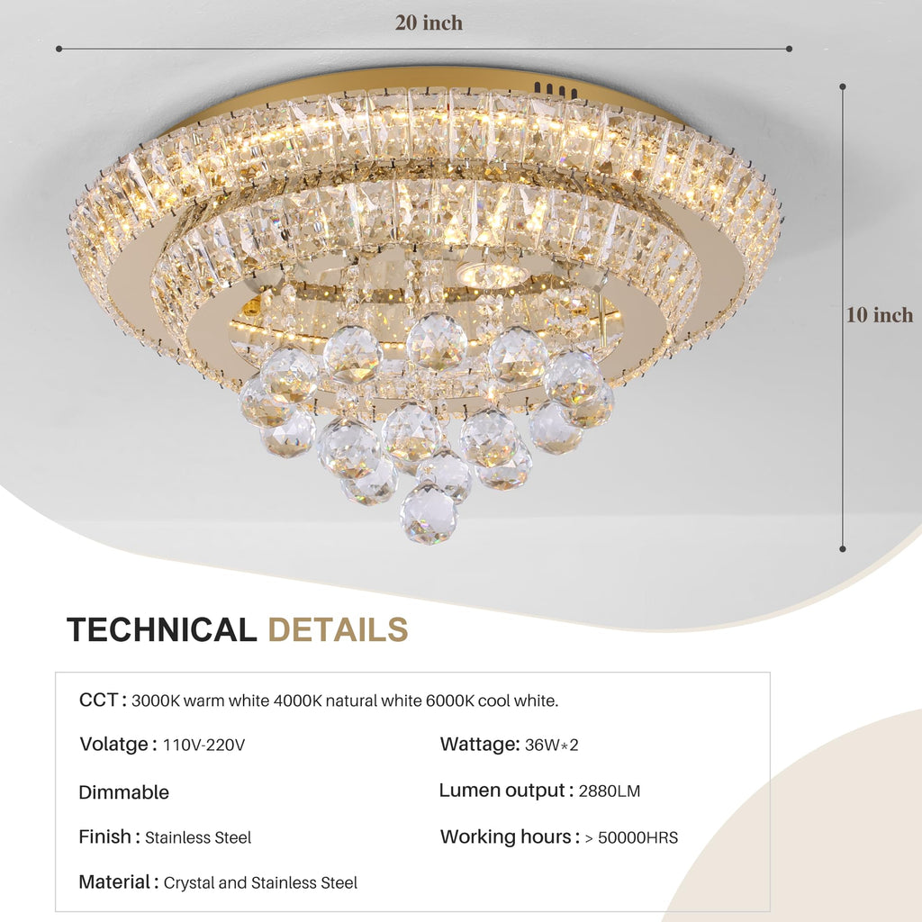 COCOSTAR 20" Gold Crystal Chandeliers, Flush Mount Chandelier LED Ceiling Light, Modern Crystal Raindrop Chandeliers for Dining Room, Living Room, Bedroom