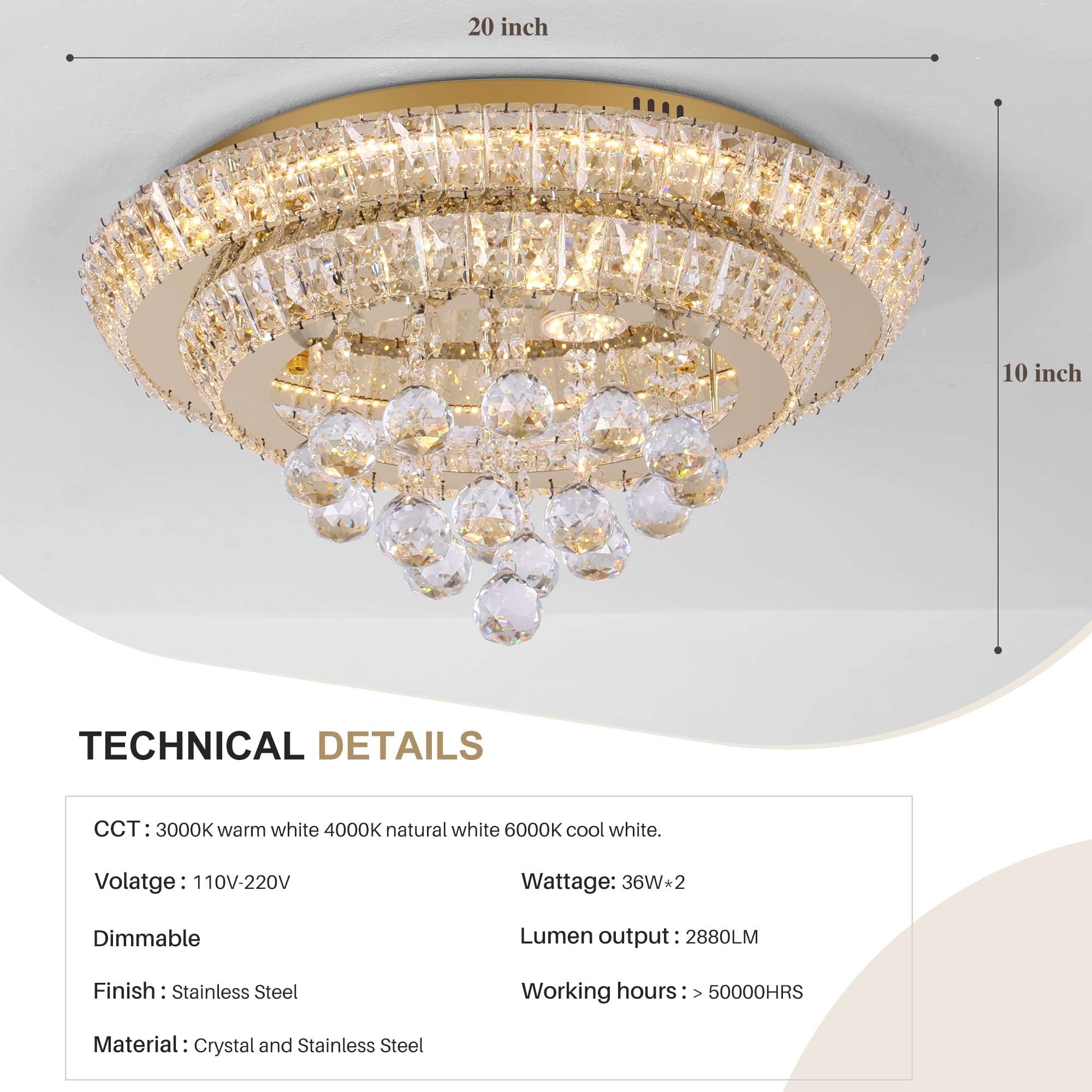 COCOSTAR 20" Gold Crystal Chandeliers, Flush Mount Chandelier LED Ceiling Light, Modern Crystal Raindrop Chandeliers for Dining Room, Living Room, Bedroom