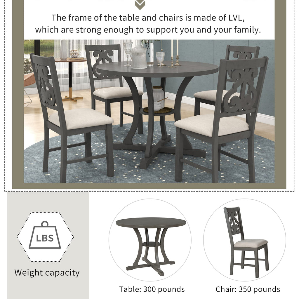 LUMISOL 5-Piece Dining Table Set for 4, Farmhouse Round Kitchen Table Set with Special Shaped Legs and 4 Upholstered Chairs for Kitchen, Dining Room, Small Space, Antique Blue