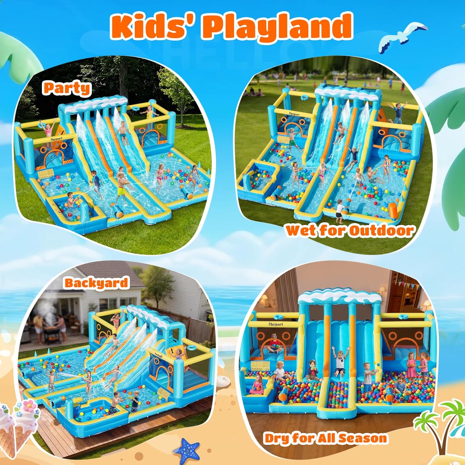 FBSPORT Inflatable Bounce House Water Slide, 3 Slides & 2 Bouncers 10-in-1 Water Slide Park Bounce House with 950W Blower, Bouncy Castle for Kids Backyard Party Outdoor, with Water Gun, Splash Pool