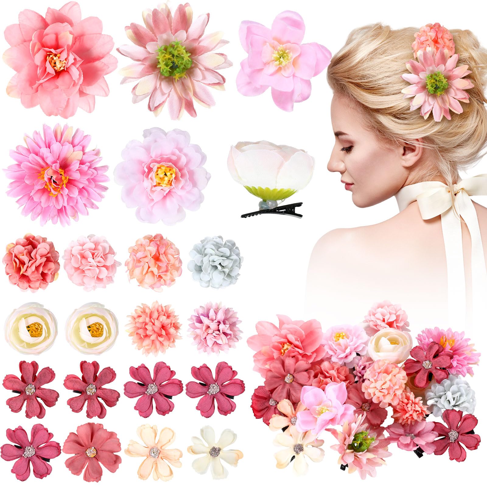 BBTO Flower Hair Clip Rose Hair Clips Barrettes for Women Flower Accessories Boho Bride Claw Clip Hairpin Brooch Pin Headpiece for Wedding(Beige Orange Series,21 Pcs)