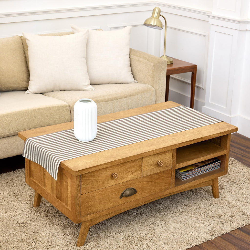 Solino Home Linen Table Runner 36 Inches - Amalfi Stripe 100% Pure Linen Natural and White Table Runner 14 x 36 Inch Ideal for Dresser and Coffee Tables - Summer