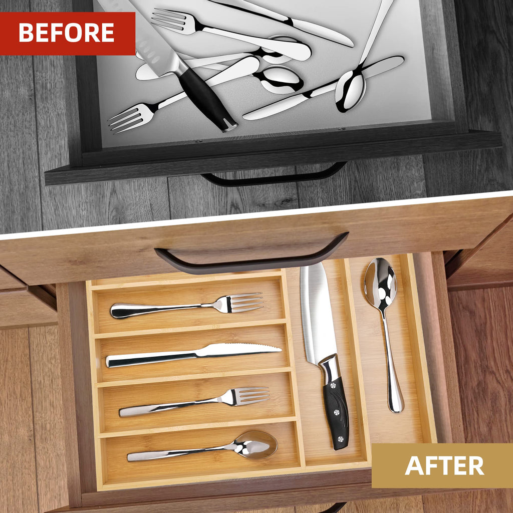 Acacia 4 Slot Silverware Drawer Organizer - Cutlery Holder with Flatware Tray
