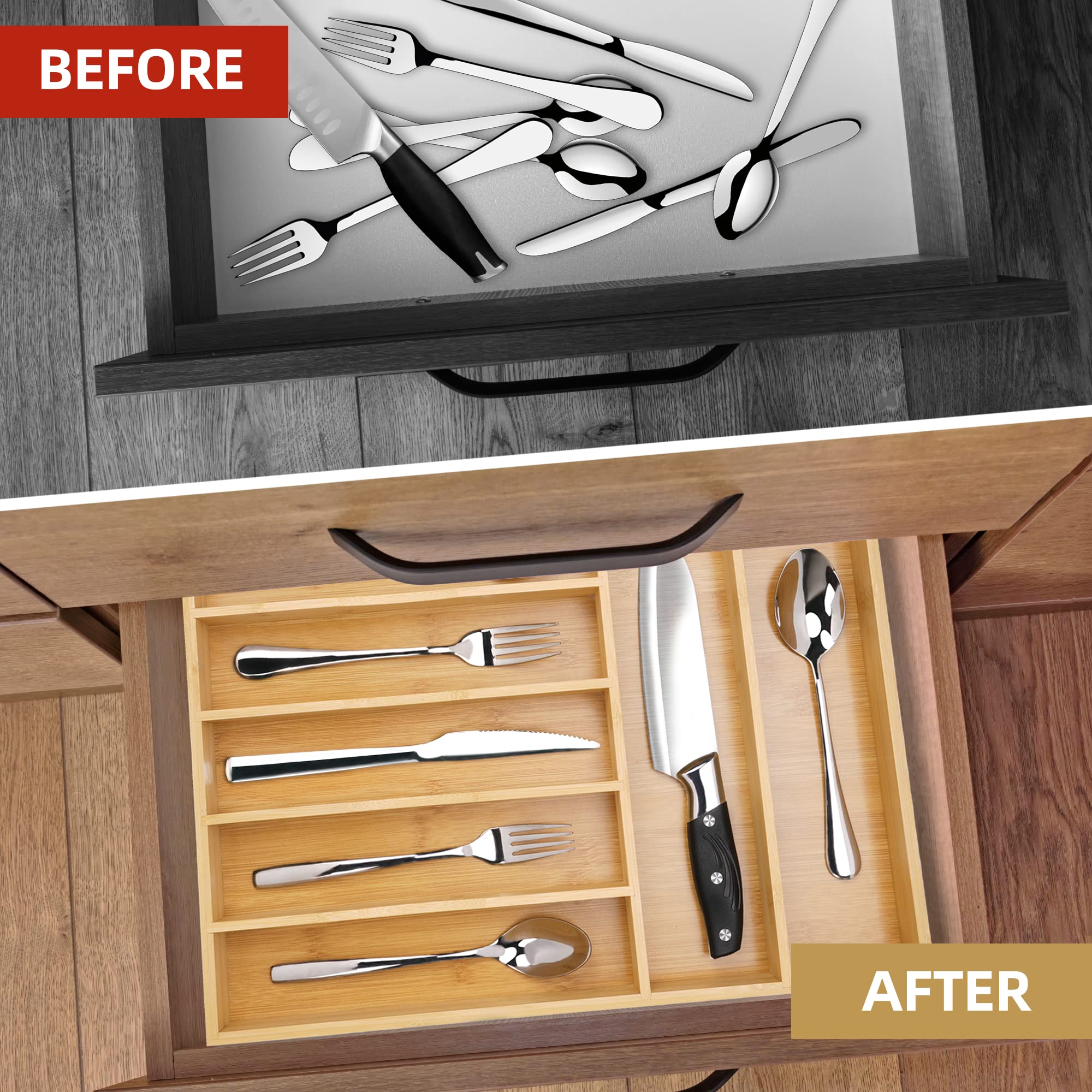 Acacia 4 Slot Silverware Drawer Organizer - Cutlery Holder with Flatware Tray