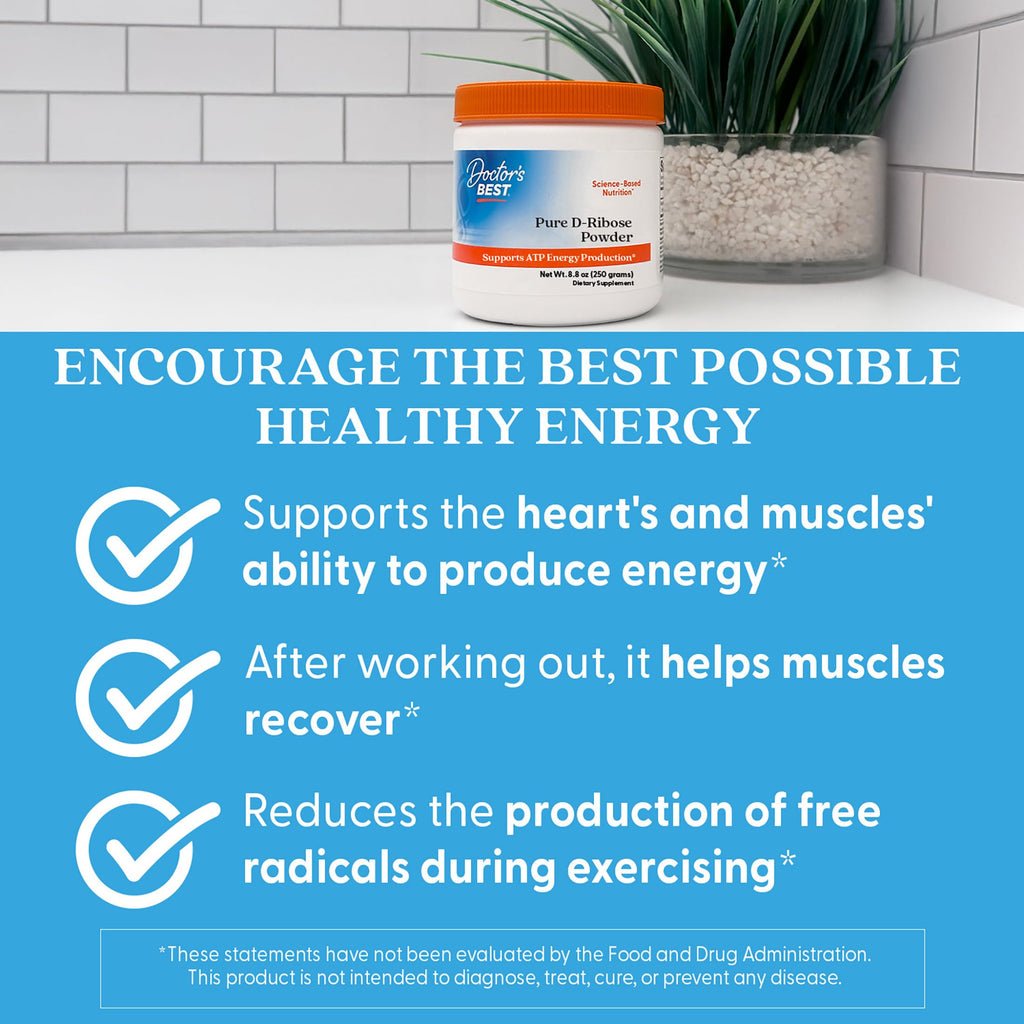 Doctor's Best Pure D Ribose Powder Supplement - D-Ribose for Men & Women, Supports ATP Energy Production in Heart & Muscle, Health & Wellness Support, Gluten Free, Soy Free, Vegan, Unflavored - 8.8 oz