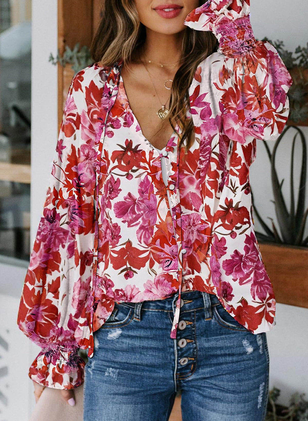 Biucly Women's Casual Boho Floral Print V Neck Long Sleeve Drawstring Tops Loose Blouses Button Down Shirts